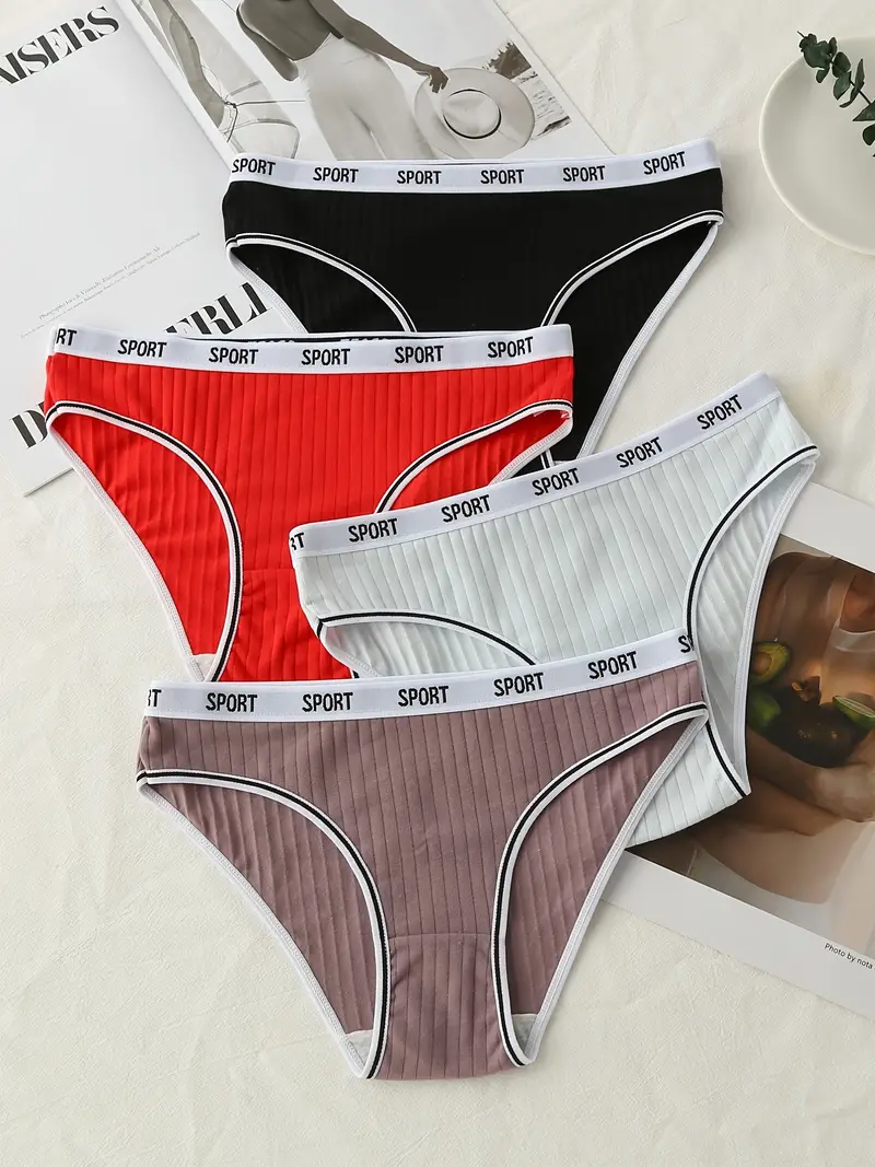 4 Pcs Ribbed Soft Cotton Letter Tape Briefs Panties Pack, Women's Underwear  & Lingerie