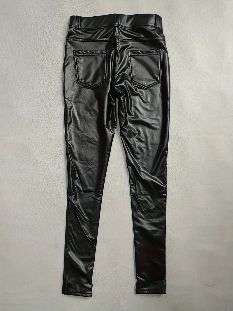 High Waisted Faux Pu Leather Plush Lined Leggings Elastic - Temu
