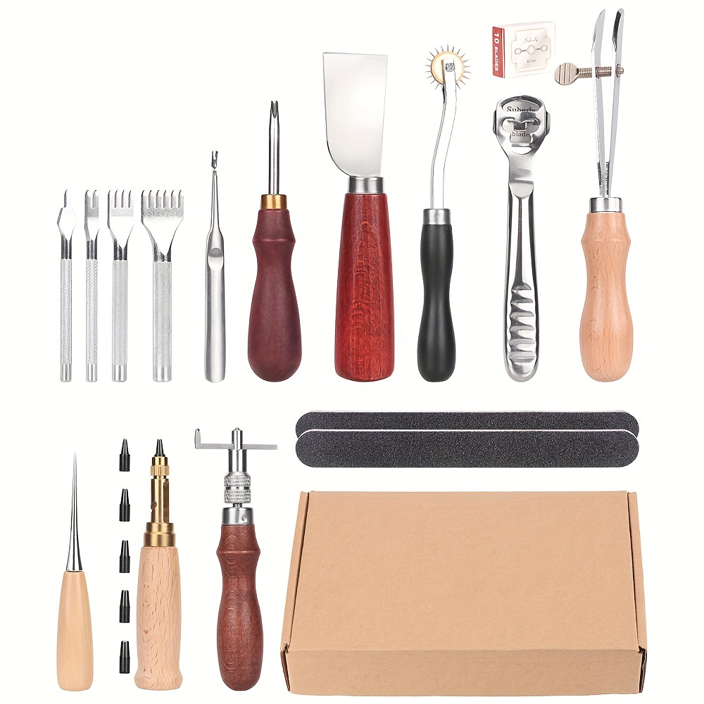 Herramientas y suministros de cuero para manualidades, kit de cuero de 19  piezas con ranurador de costura, punzón perfecto para costura, perforación