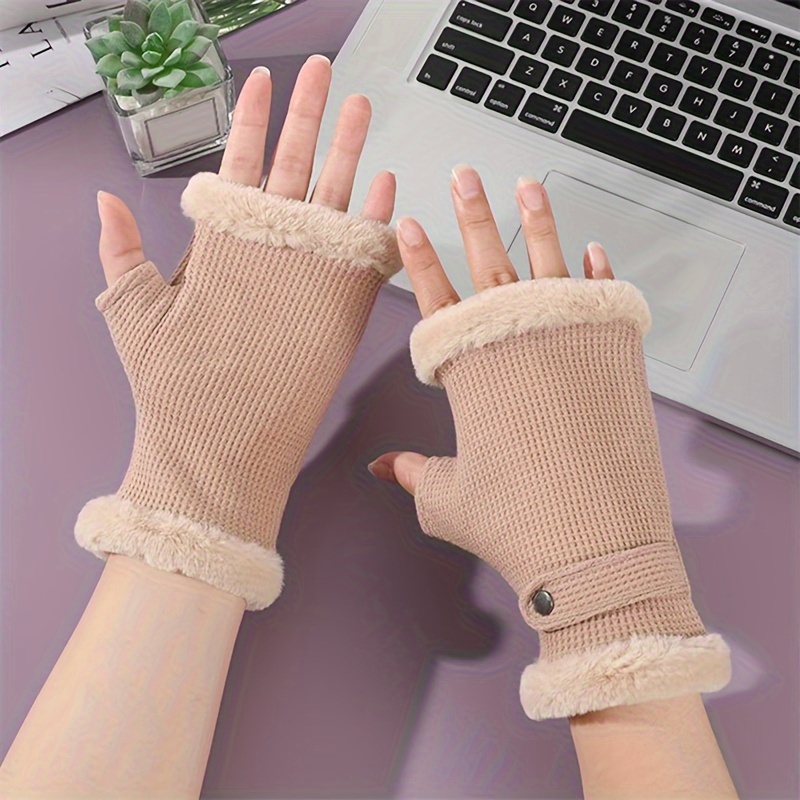 Thickened Velvet Lined Knit Gloves Short Solid Color Plush Cuff Fingerless  Gloves With Thumb Hole Autumn Winter Elastic Coldproof Writing Gloves - Temu