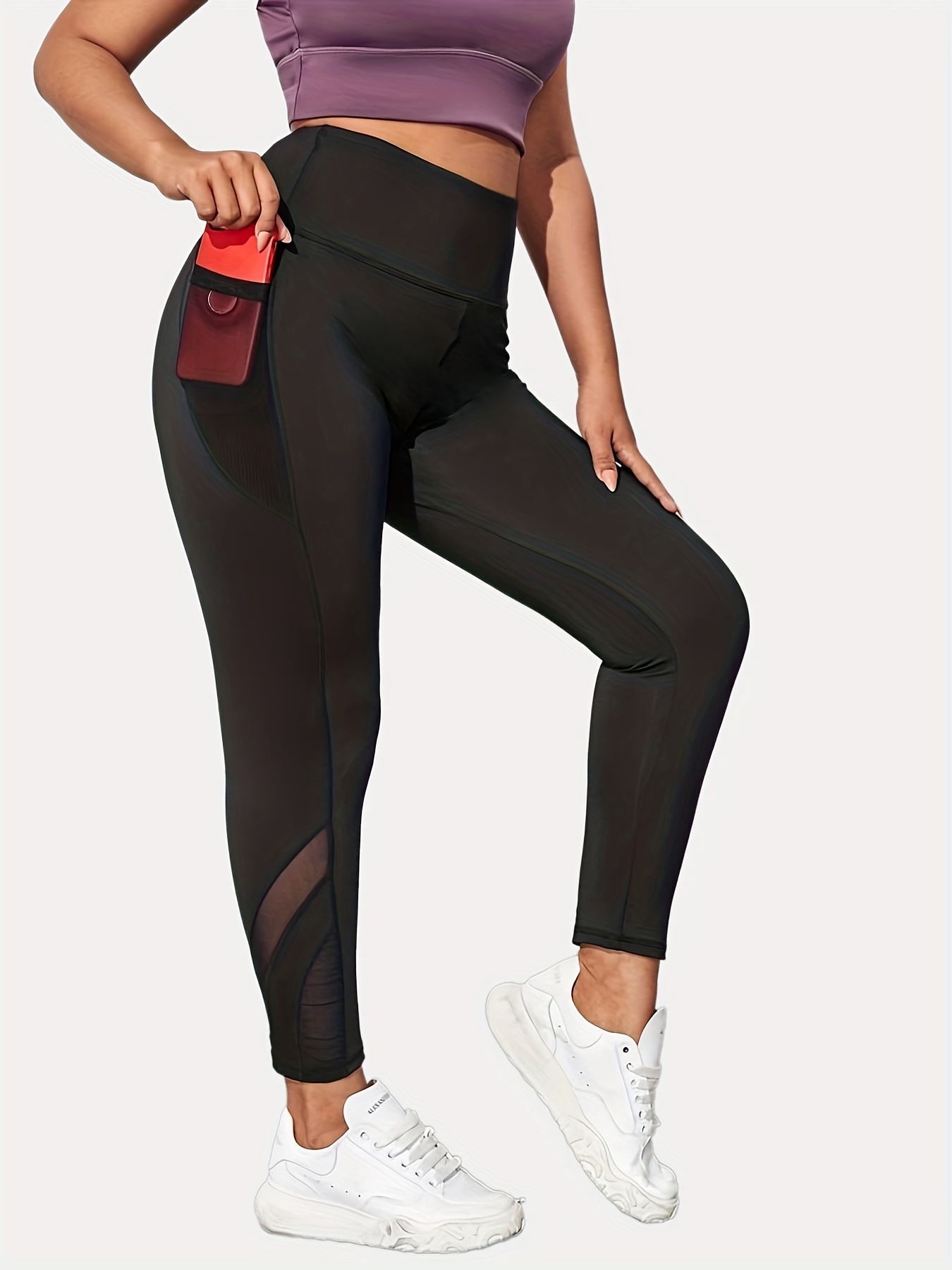 Plus Size Sports Leggings, Women's Plus Contrast Mesh Wide Waistband High *  Running Yoga Leggings With Phone Pockets