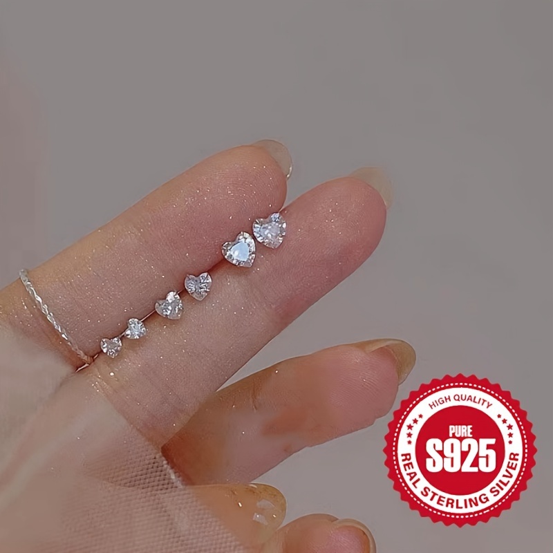Percechi de cercei pentru femei din argint S925 cu inimă și zirconiu sintetic ultra strălucitor, hipoalergenici, 0.3g/0.4g/0.5g