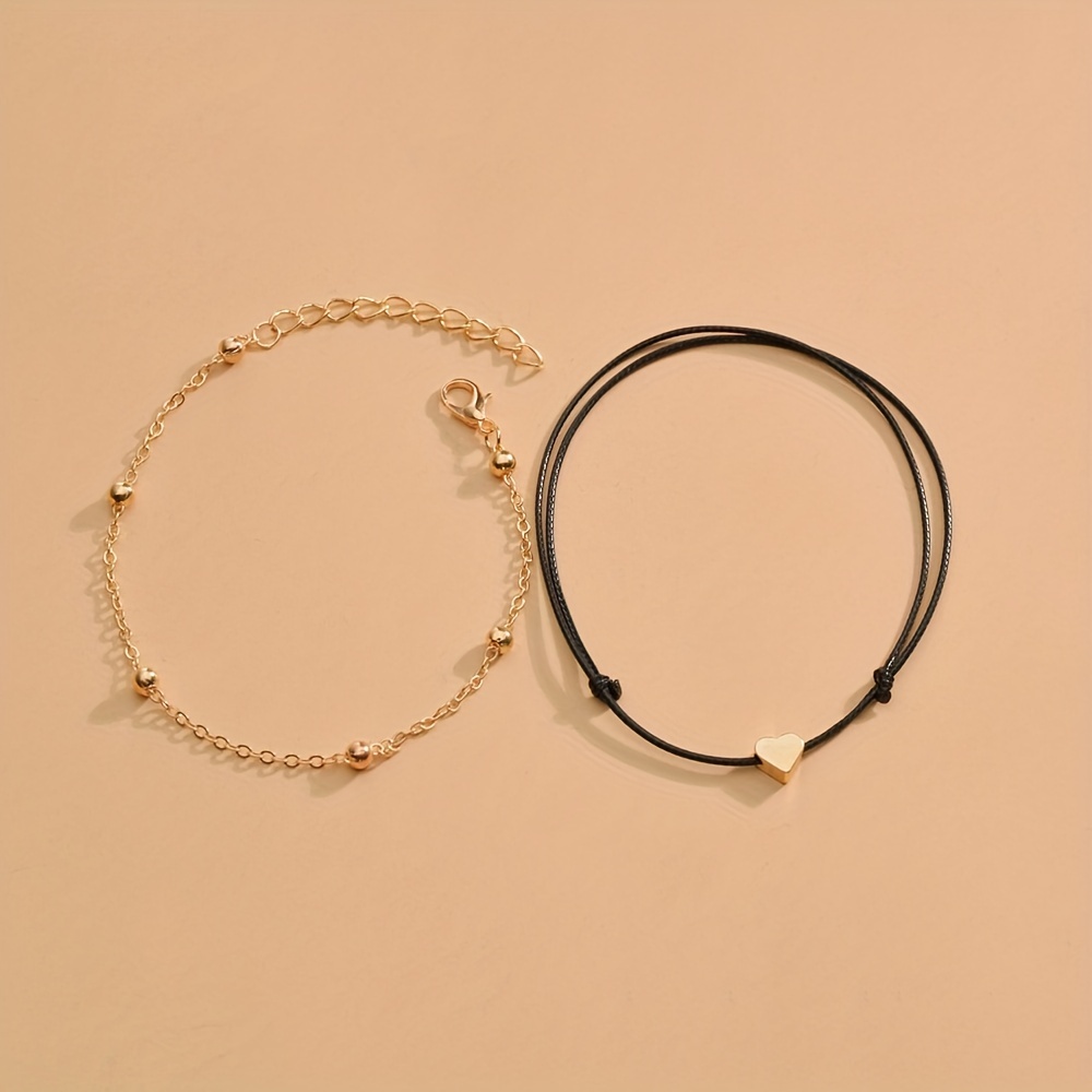 2pc Thin Chain Anklet with Mini Love Heart Beads