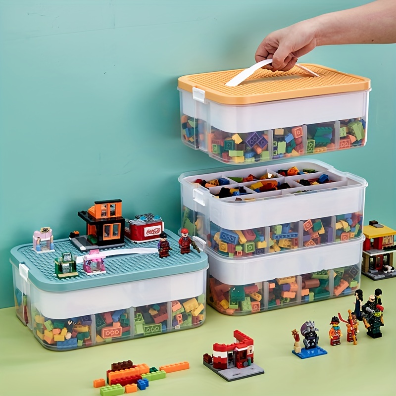  Kids Toys Storage Organizer for Lego Clear Building Blocks  Container Box with Baseplate Lids 2 Layers Stackable Playroom Organization  Bin Portable Drawers Bricks Puzzle Board Craft Compartments Case