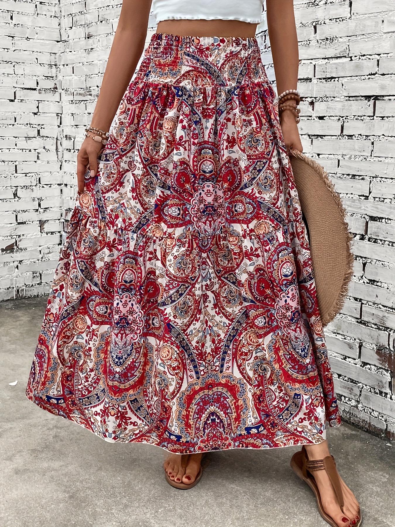 Paisley Print Skirt with Shirred Waist