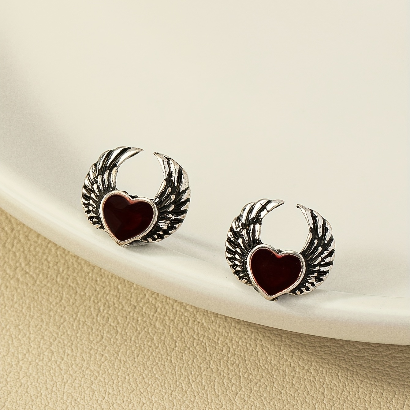 Gothic Enamel Red Heart Wings Stud Earrings
