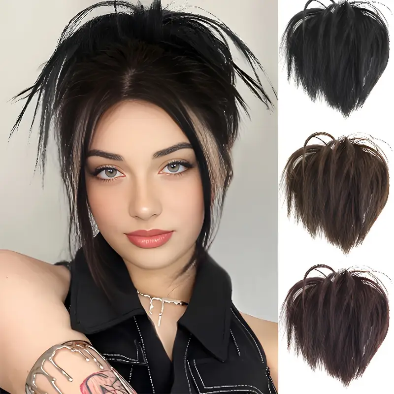 Pedaço de cabelo bagunçado, extensões de coque de cabelo preto despenteado  updo ondulado e cacheado para