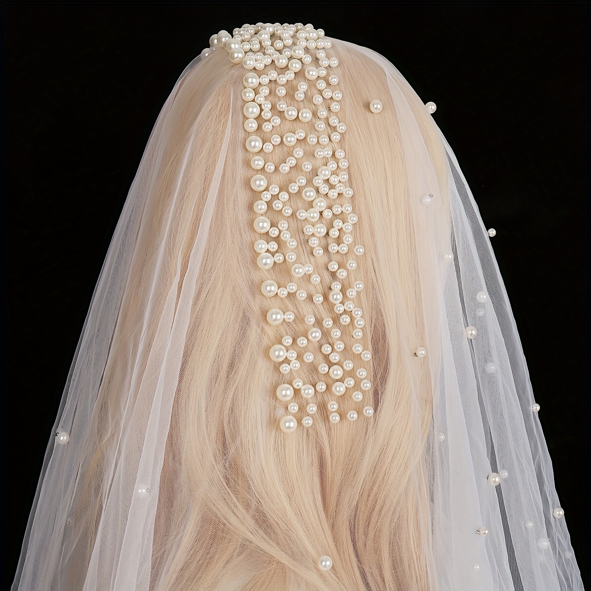 Temu 1 Layer Wedding Bridal Veil Ivory Long 118 inch Artificial Pearl Bridal Tulle Veil, Elegant Fairy Baroque Style Lace Edge Women's Comb, Hair Brush