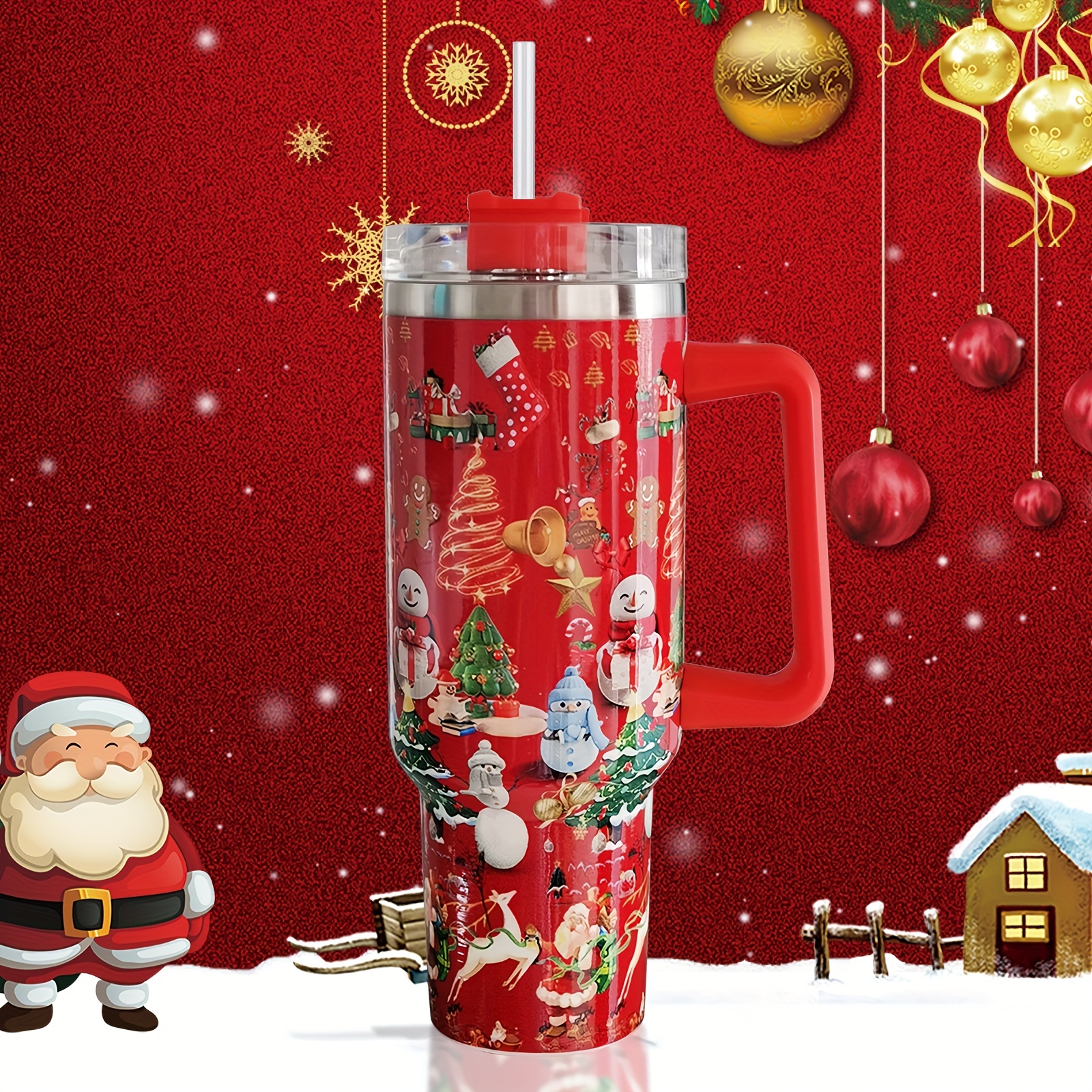 Rose Red Christmas Santa Claus Diamond Thermos Cup with Straw