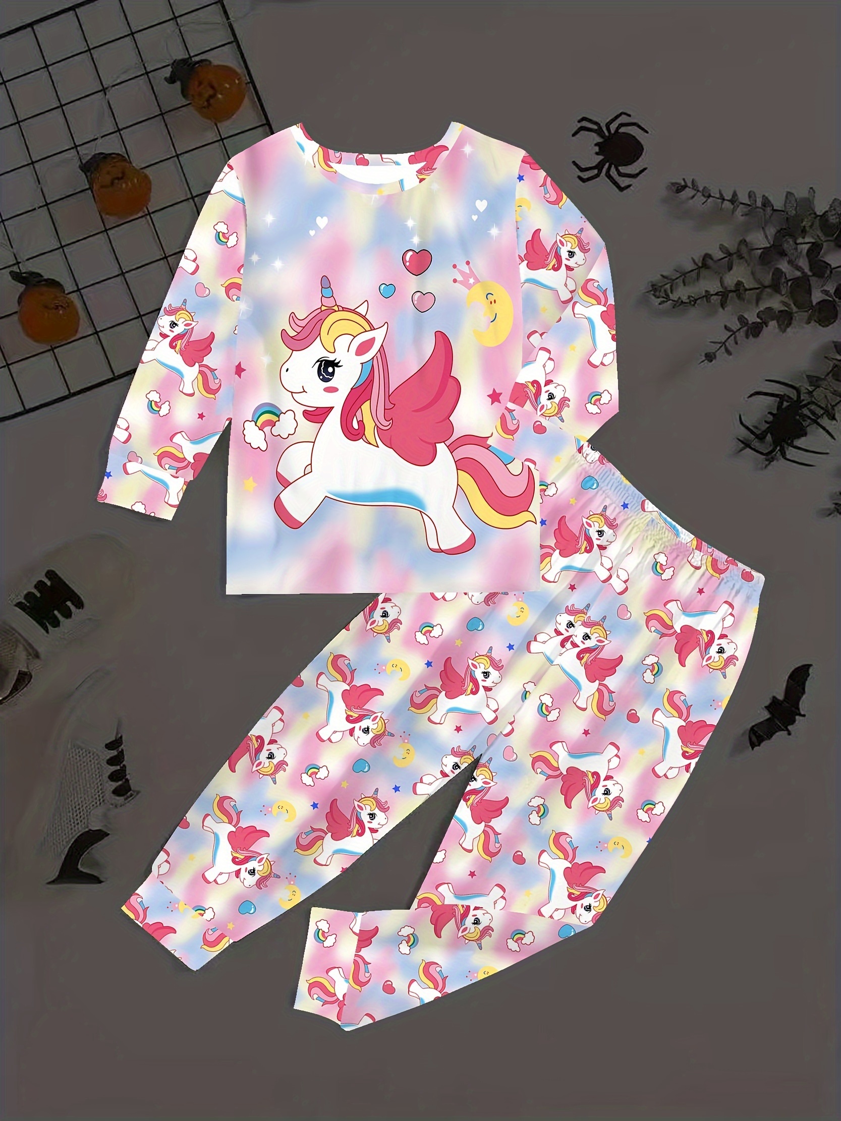 Toddler Girls Pajama Sets Cartoon Unicorn Pattern Round Neck - Temu