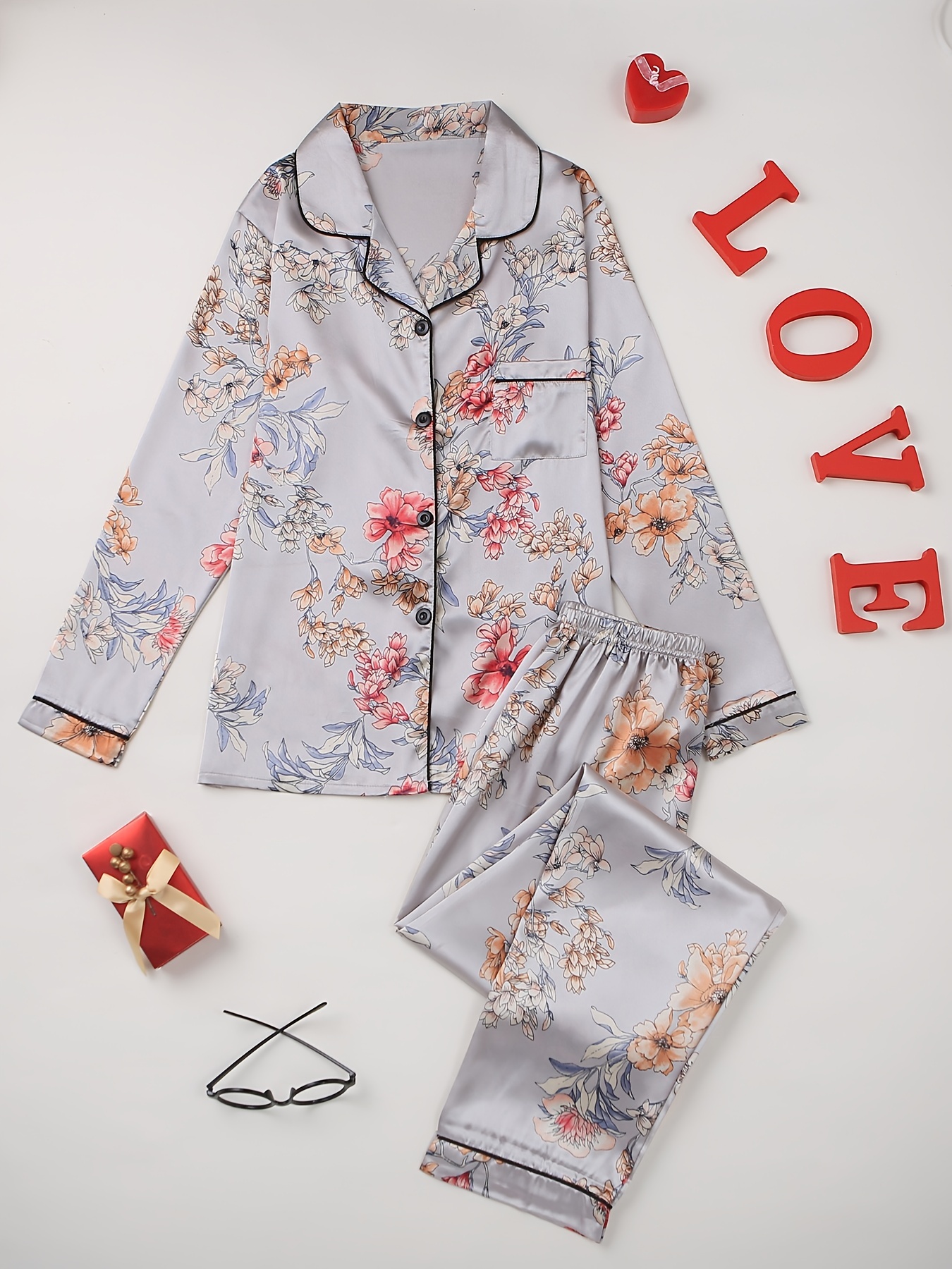 Elegant Floral Print Ice Satin Pajamas Set Cami Top Pajama - Temu