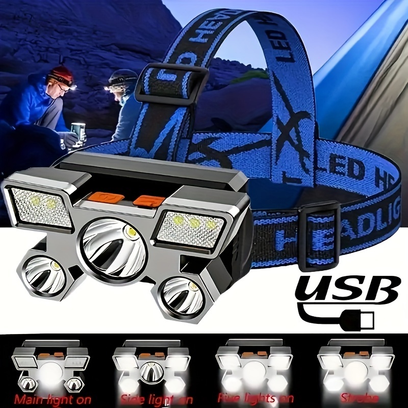 Usb Rechargeable Built in Battery 5 Led Strong Headlight - Temu