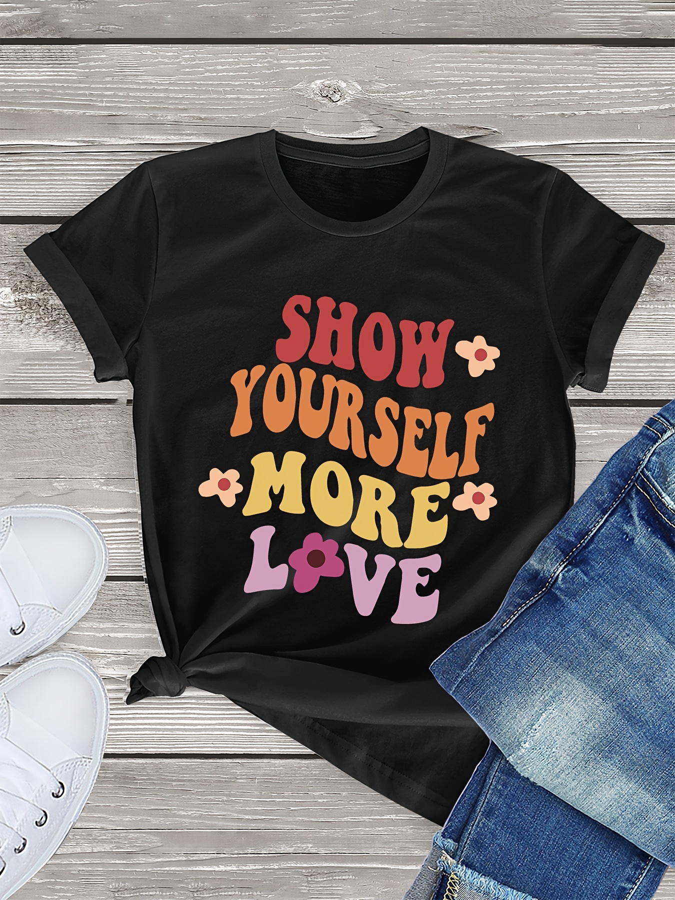 Show Yourself More Love Graphic Short Sleeve Tee Shirt, Casual Summer Top,  Women's Clothing