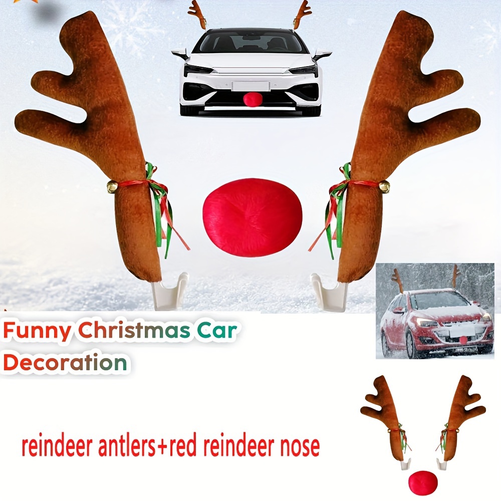 Christmas Car Decoration Kit Reindeer Antlers + Nose Car - Temu