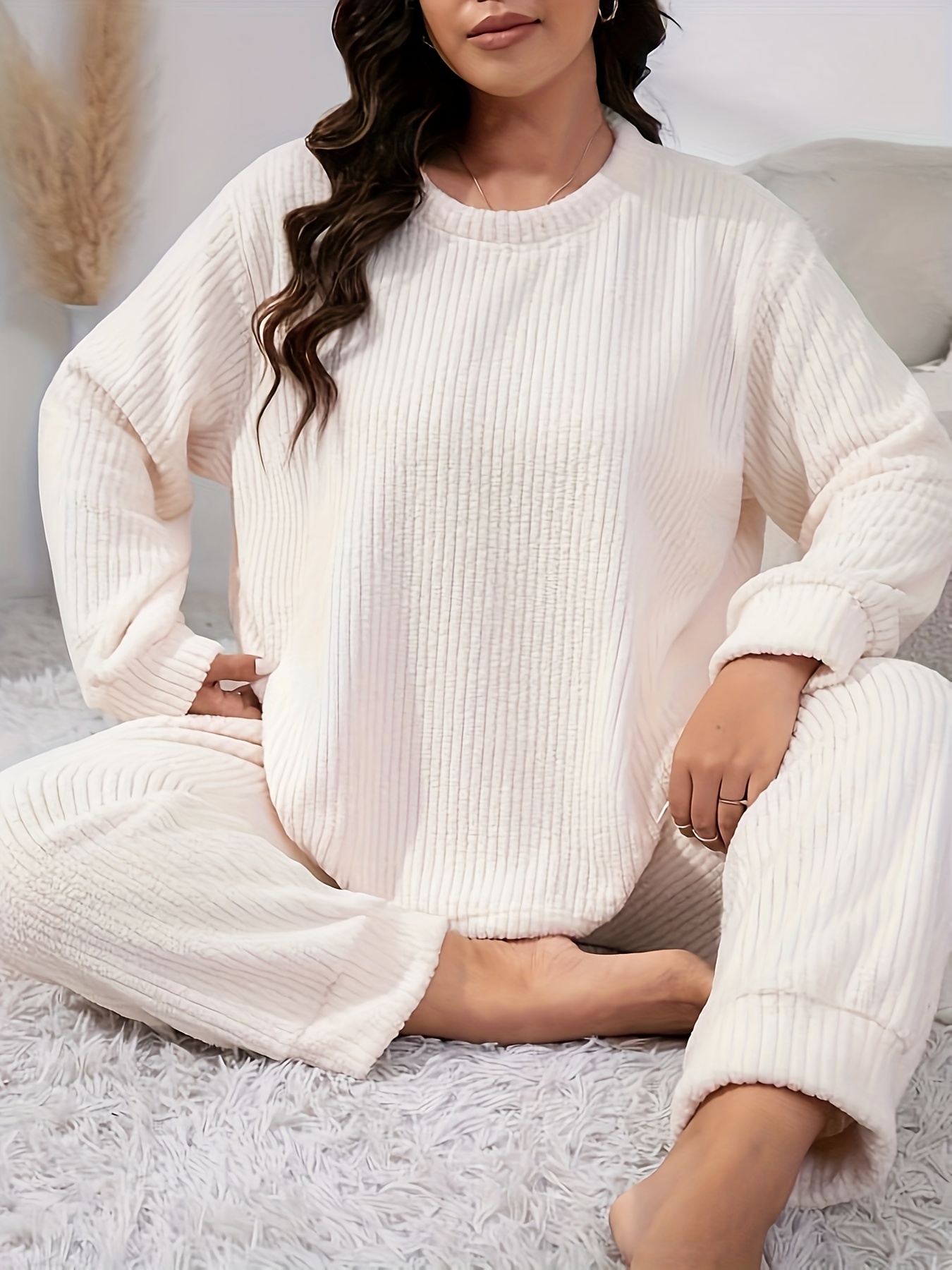 Plus Size Casual Lounge Set Women's Plus Solid Ribbed Knit - Temu Australia