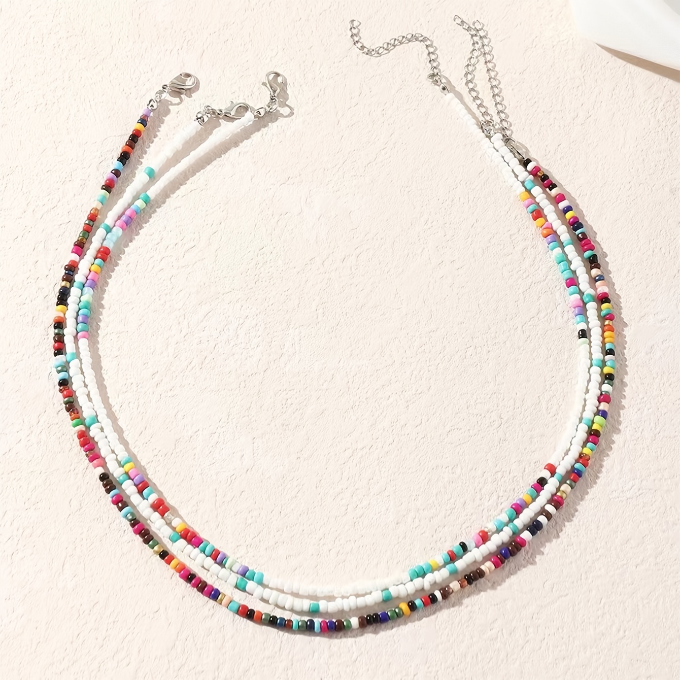 3pc Boho Colorful Rice Beads Stacking Necklace Set