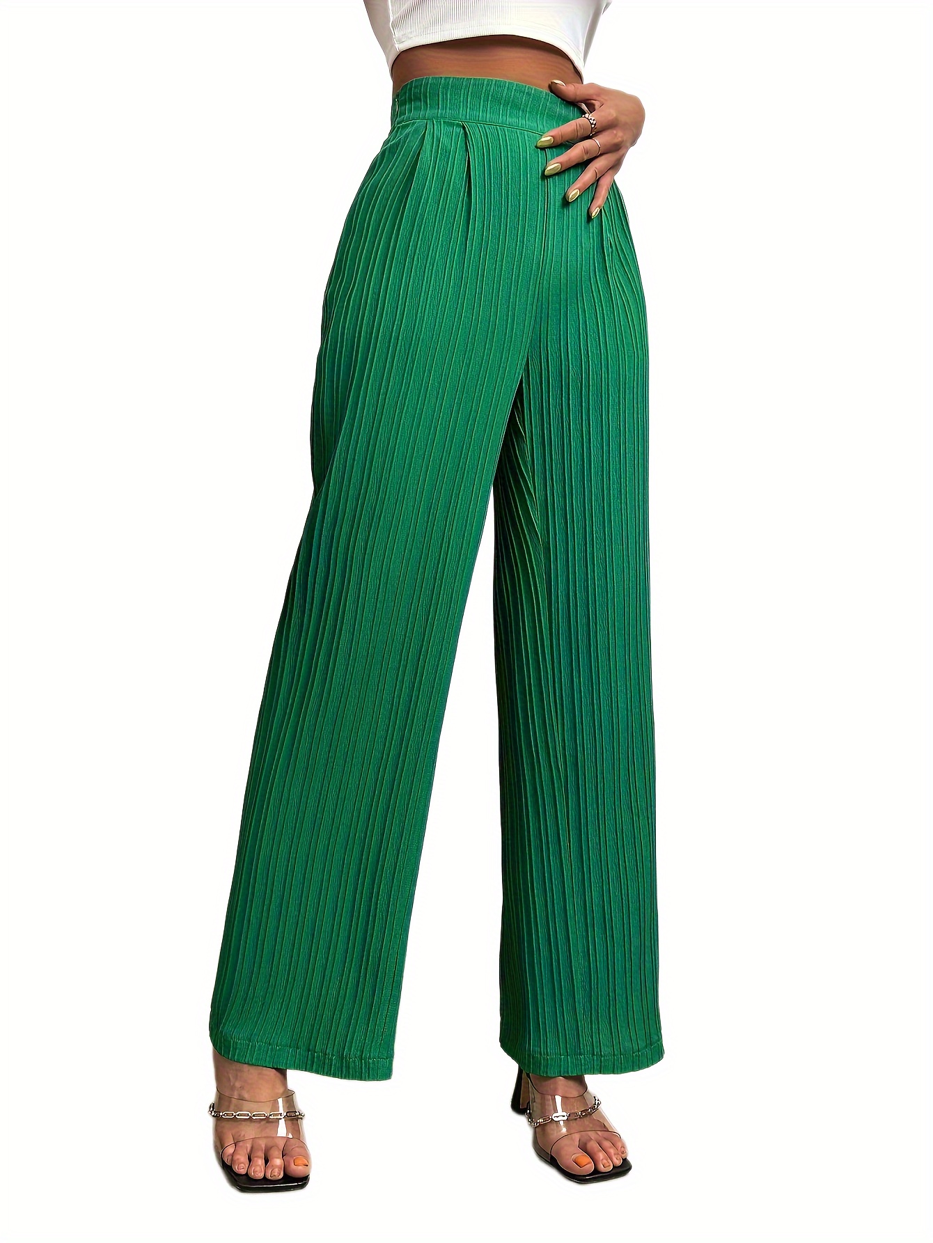 High Waist Chiffon Wide Pants Women's Summer Version Slim Ladies Pants  Solid Loose Pants Trousers Women Elasticity (Color : Light Green, Size :  S.) : : Clothing, Shoes & Accessories
