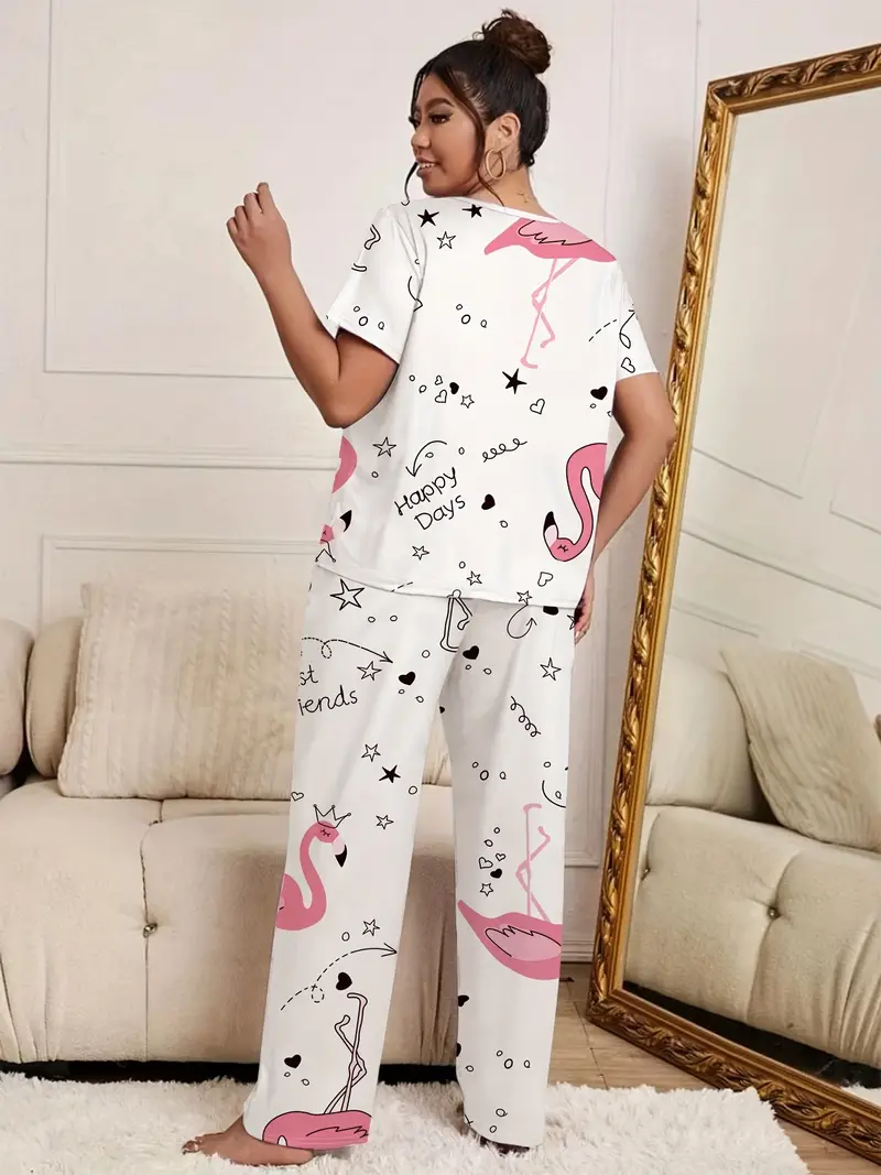 Plus Size Cute Pajama Set Women's Plus Flamingo Heart Print - Temu