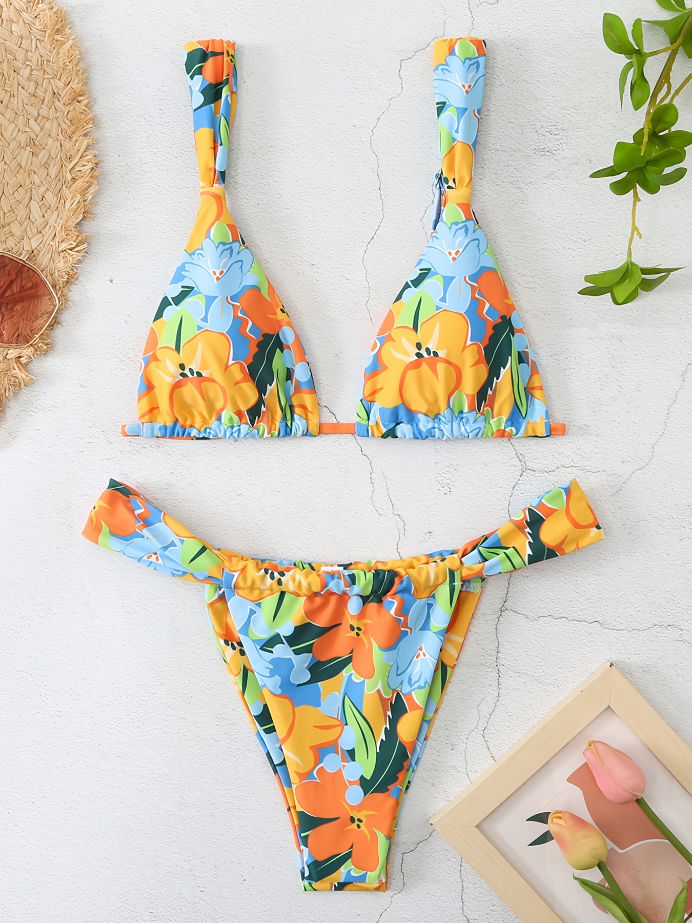 Floral Print Wide Strap Triangle 2 Piece Set Bikini, Tie Back Stretchy  Multi-color Swimsuits, Women's Swimwear & Clothing