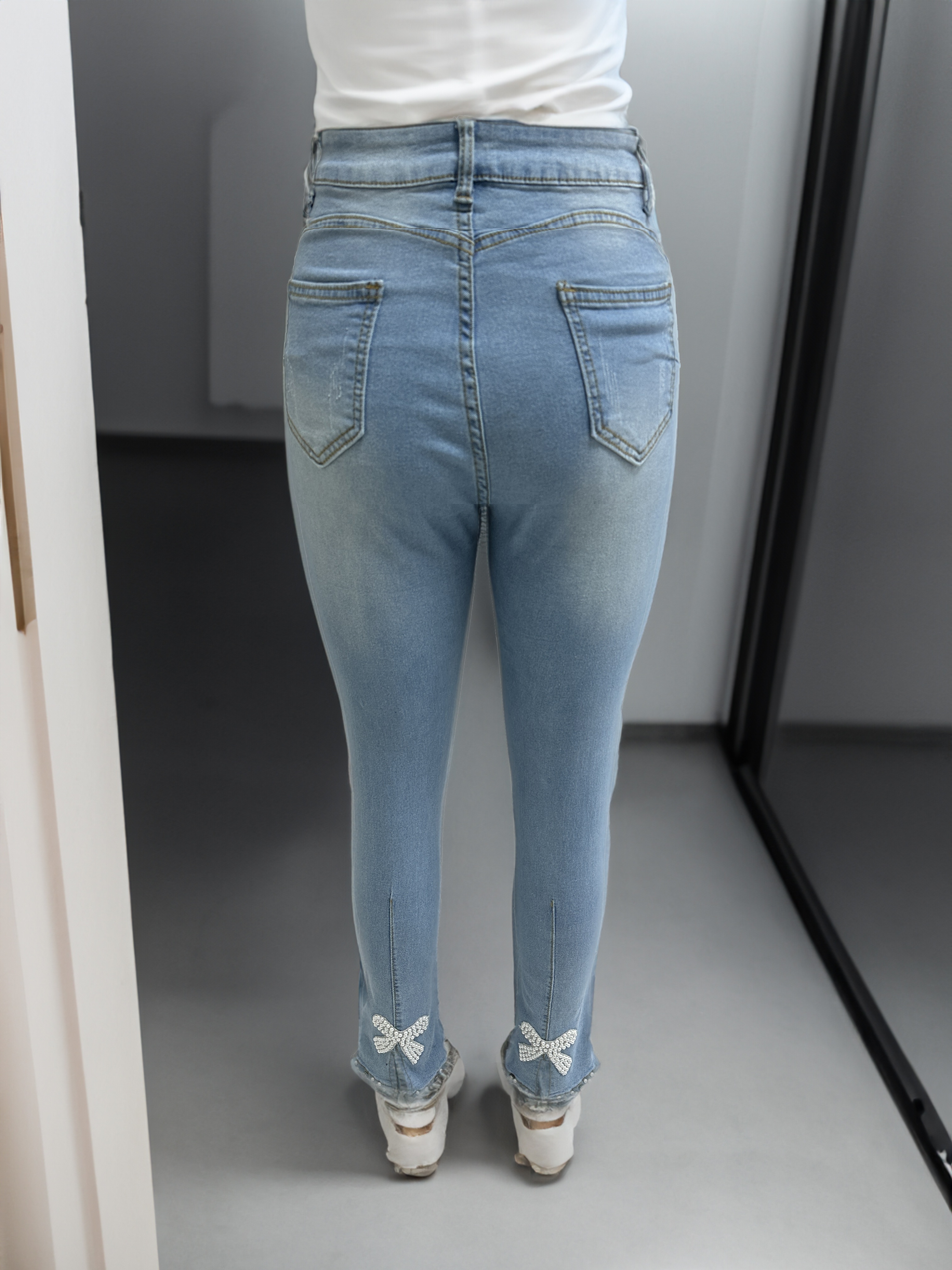 Blue High stretch Skinny Jeans Faux Pearl Decor Slim Fit - Temu