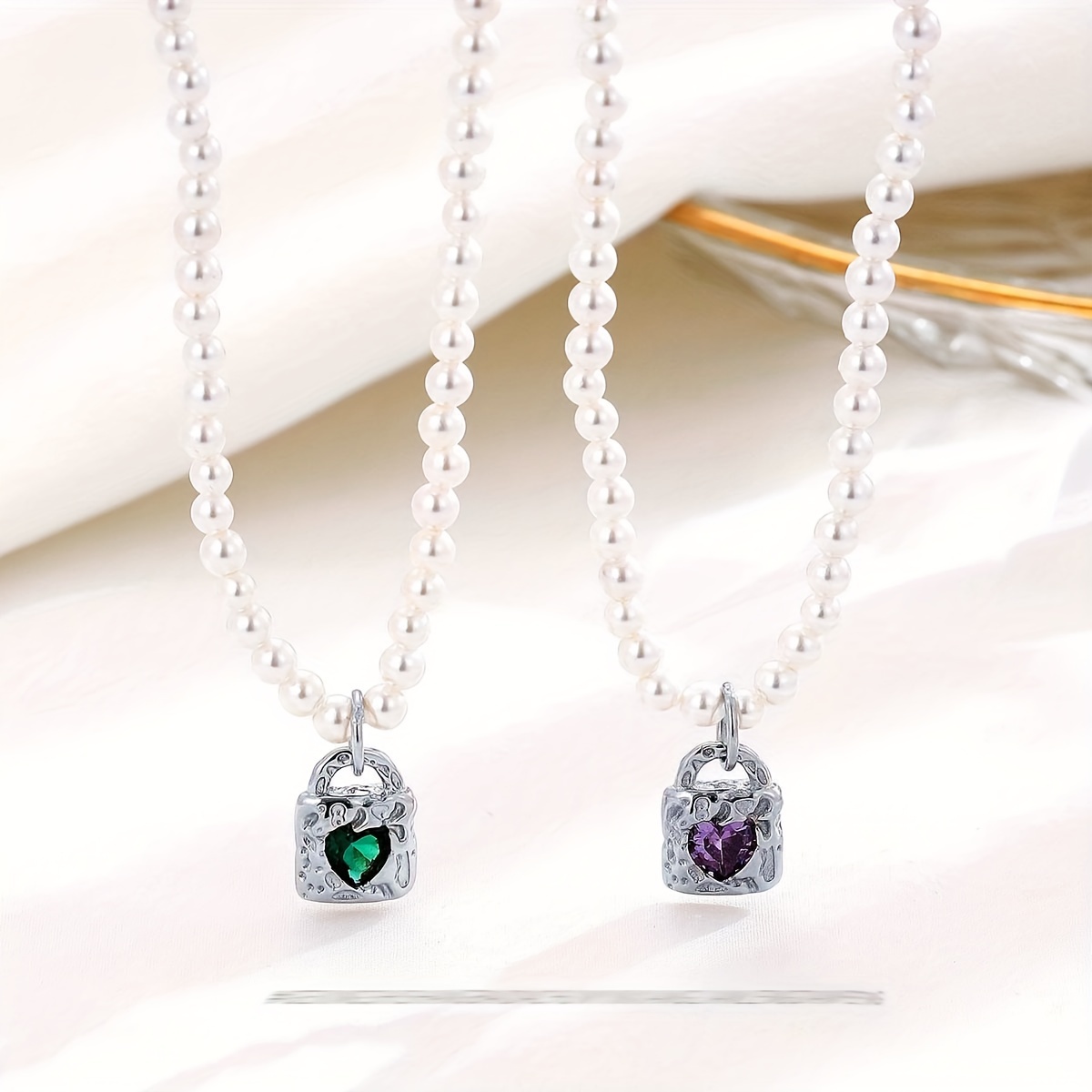 Lock Green Zircon Stone Pendant Necklace Double Chain Love 