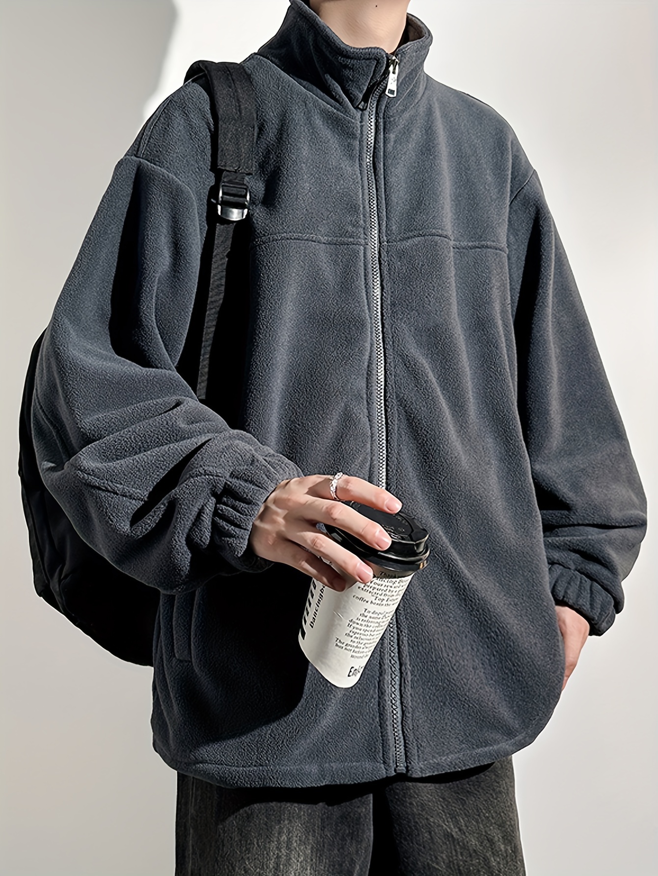 Men's Stylish Solid Fleece Jacket Pockets Active Slightly - Temu