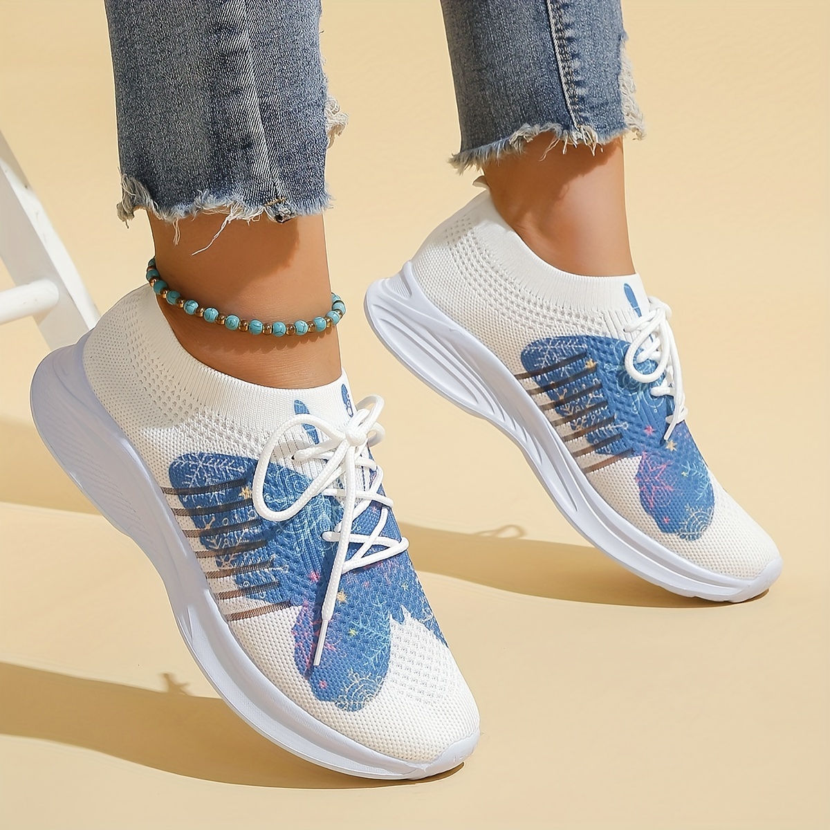 Women's Blue Butterfly Knitted Breathable Lace-up Casual Sports Shoes