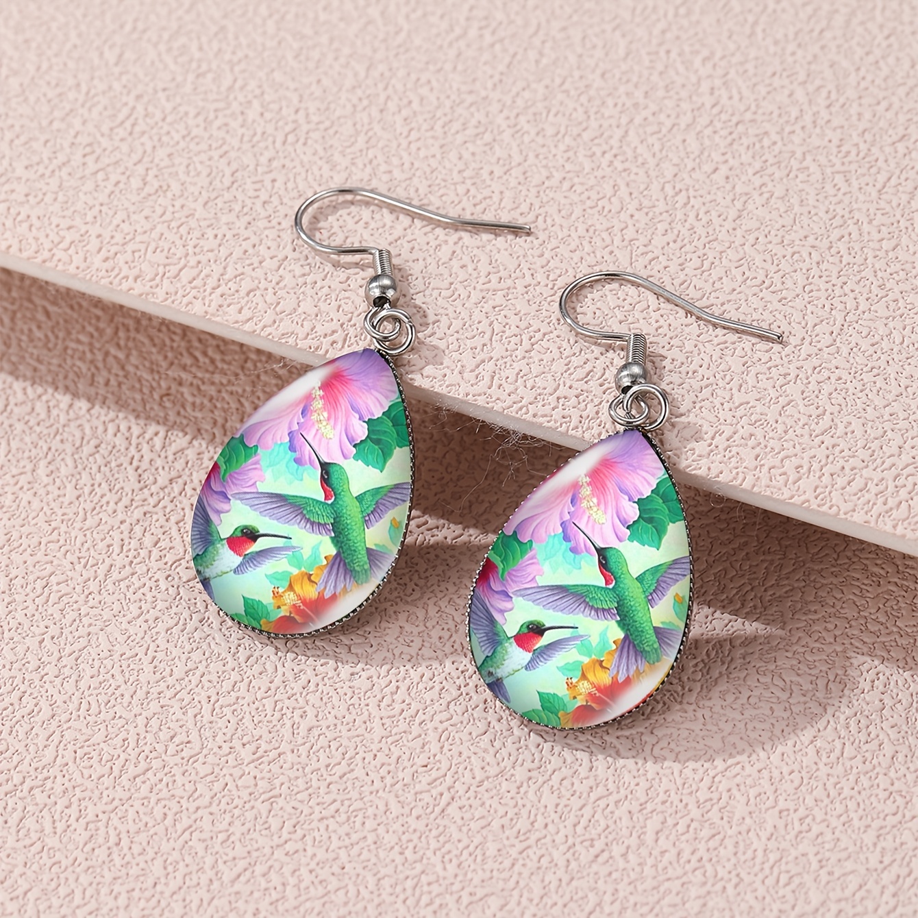 Elegant Sunflower & Hummingbird Teardrop Earrings