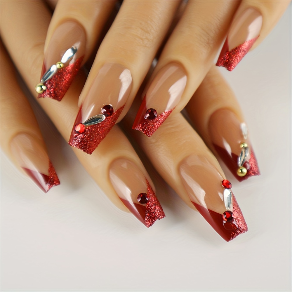 24Pcs Matte Red Fake Nails Tips with Rhinestones Full Long Coffin Press On  Nails