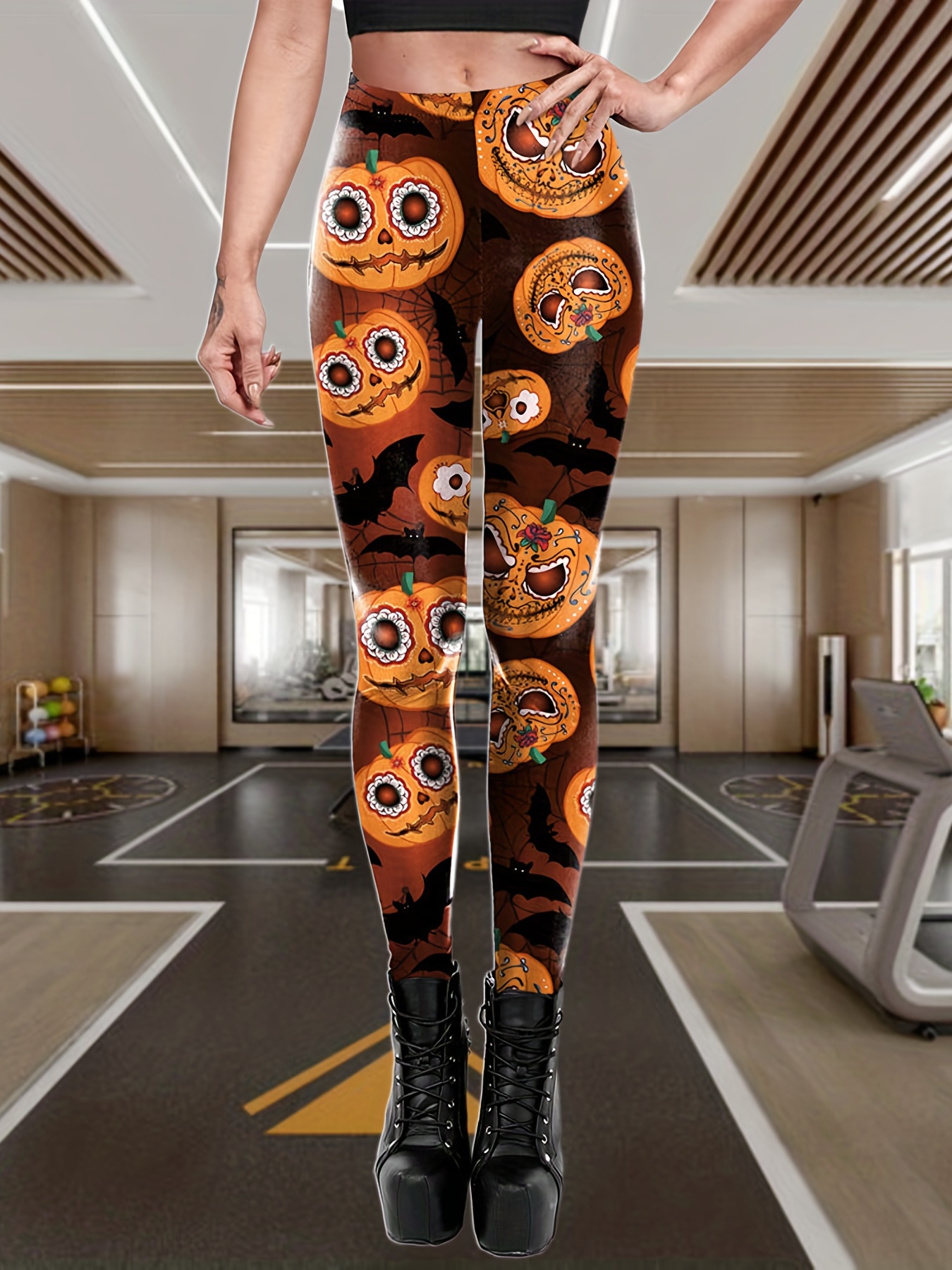 Halloween Pumpkin Printing Sports Yoga Leggings, High Waist Workout Tight  Pants, Women's Activewear