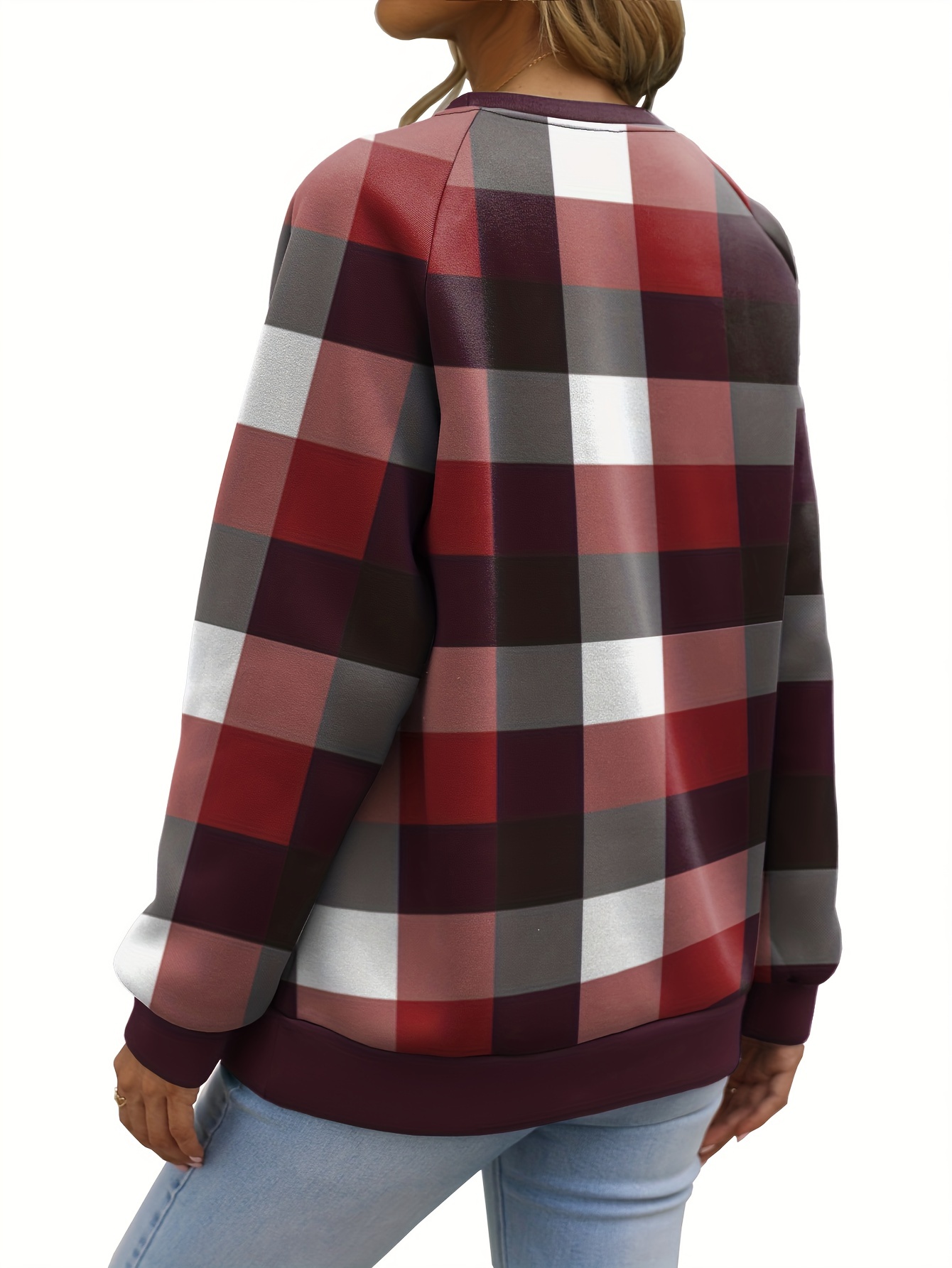 Plaid Pattern Sweatshirt Casual Long Sleeve Crew Neck Temu Canada