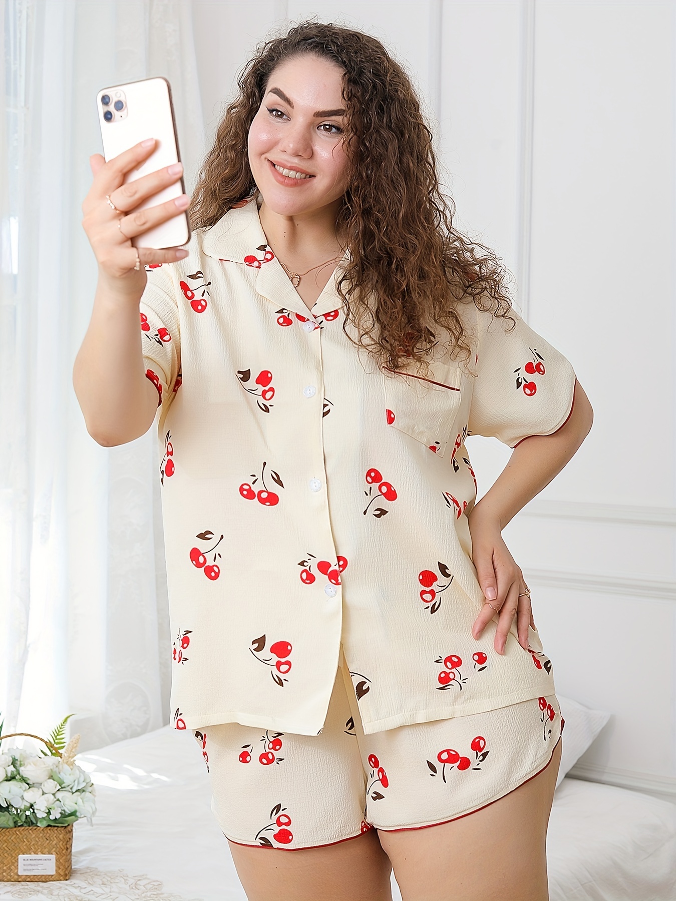 Plus Size Cute Pajama Set Women's Plus Cherry Print Short - Temu