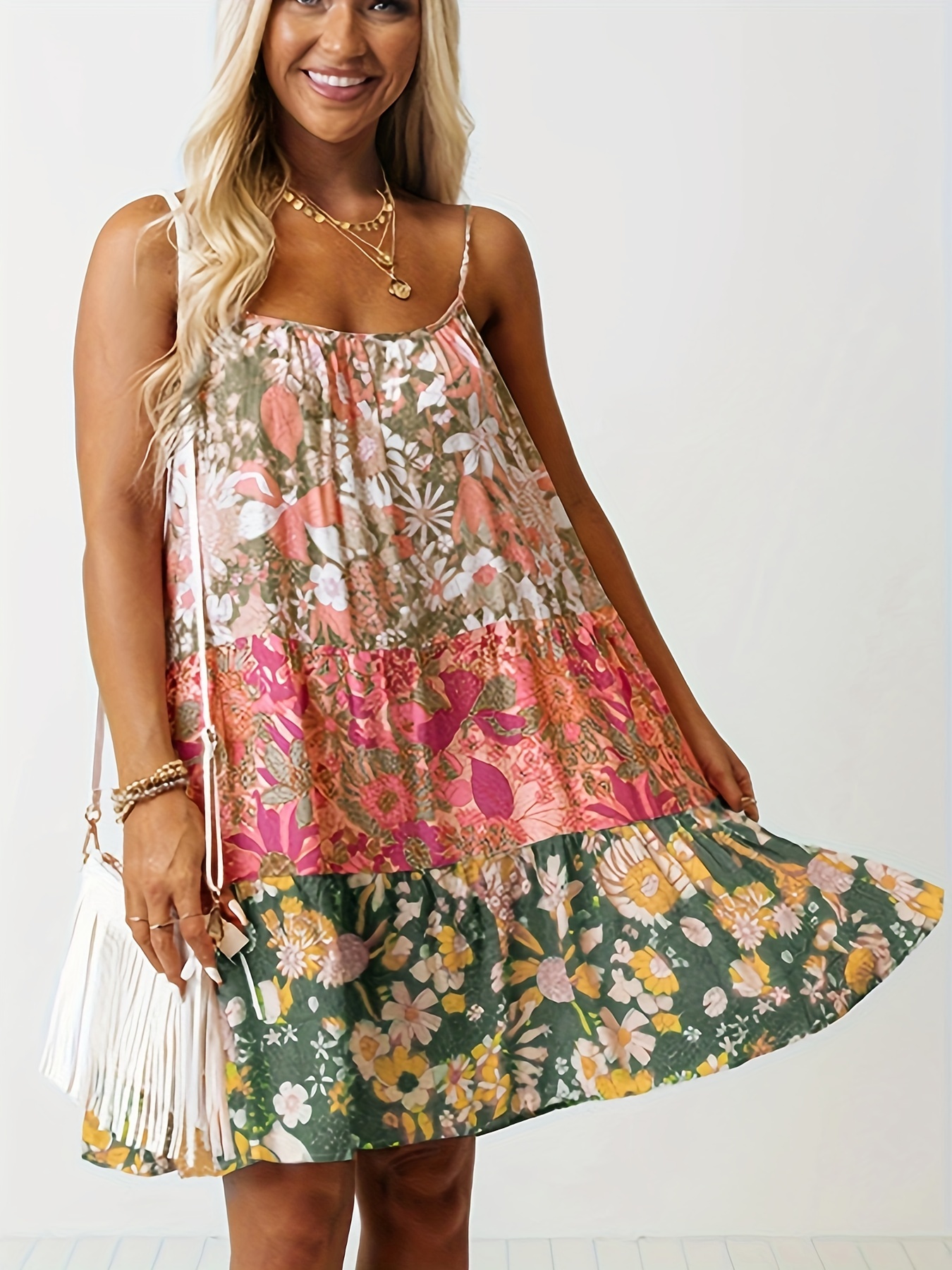 Floral Print Tiered Cami Dress Loose Vacation Casual Dress - Temu Canada