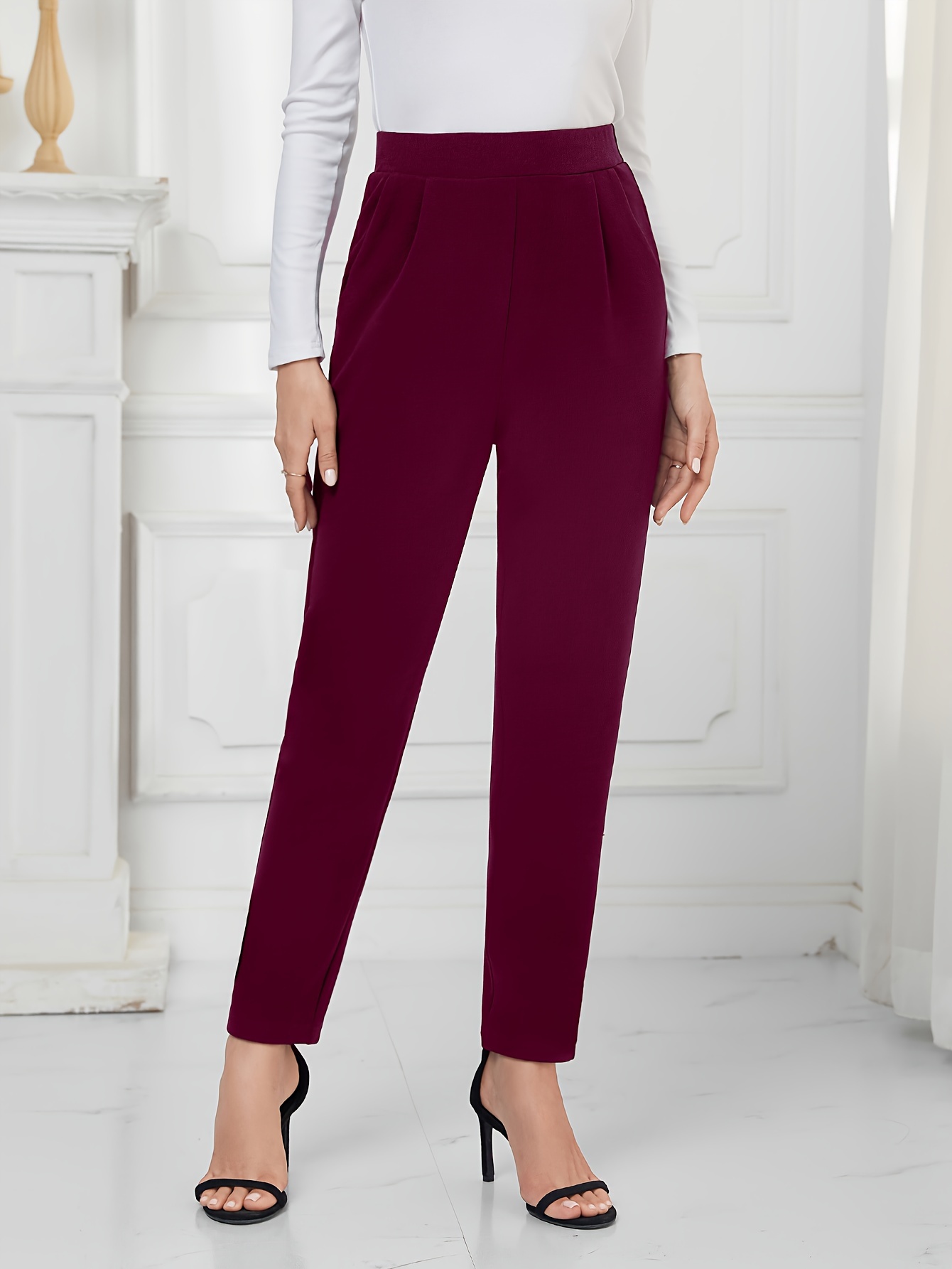 solid high waist slim pants elegant slant pocket tapered pants for spring fall womens clothing