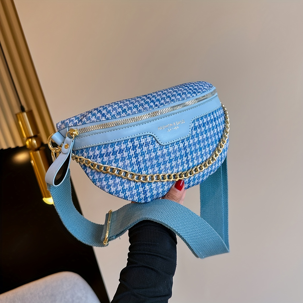 Elegant Houndstooth Plaid Chain Waist Bags For Women Stylish