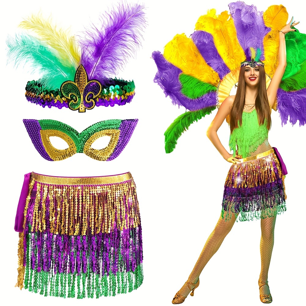  6 Pcs Mardi Gras Sequin Butterfly Tops Skirt for Women, Mardi  Gras Costume Accessory Set Include Sequins Wrap Glitter Top Faux Feather  Headband Mardi Gras Beads for Carnival Masquerade Party Outfit 