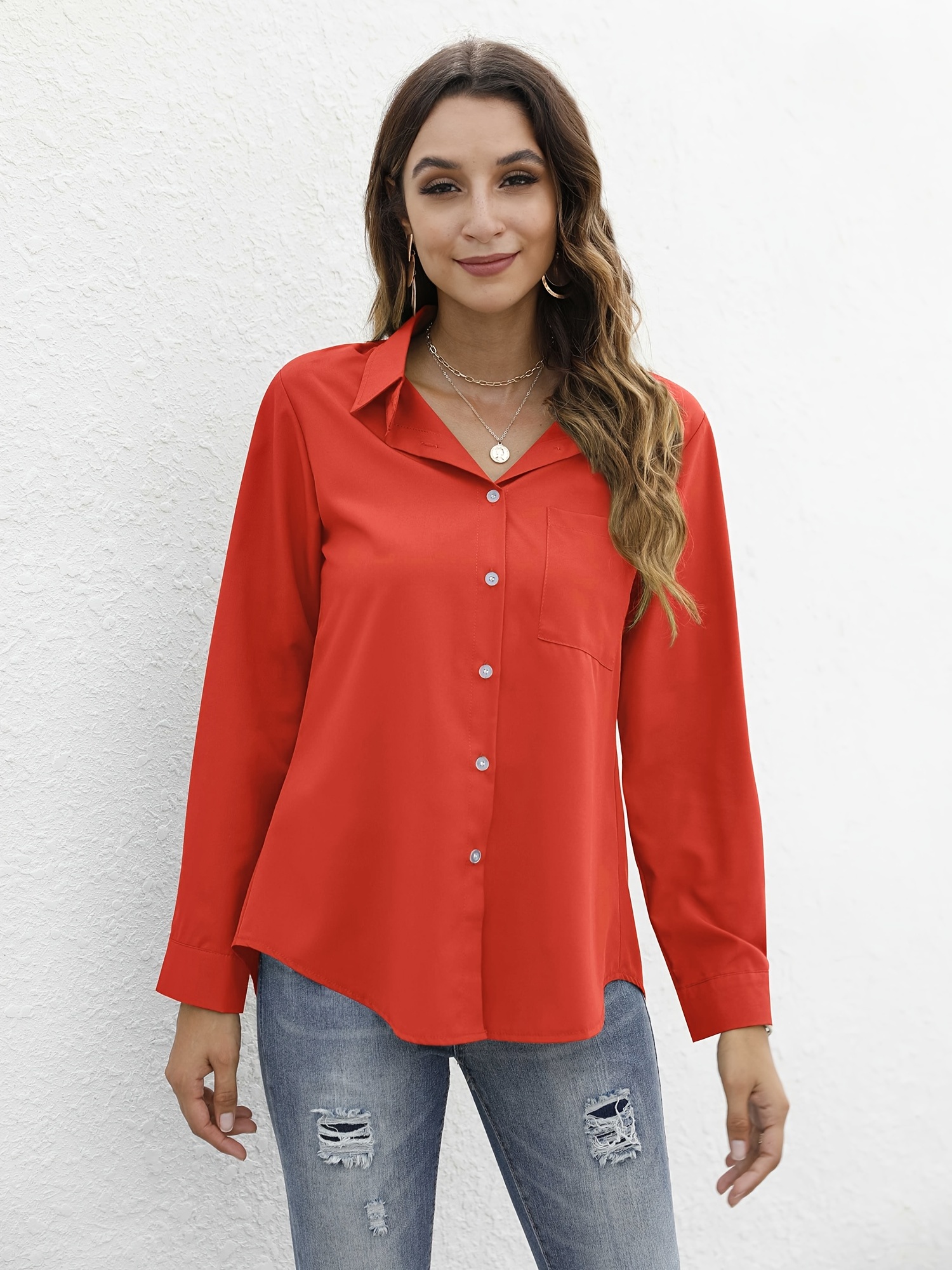 Elegantes Blusas de Lapela em V Tops OL Solto de Moda Casual - Temu Portugal