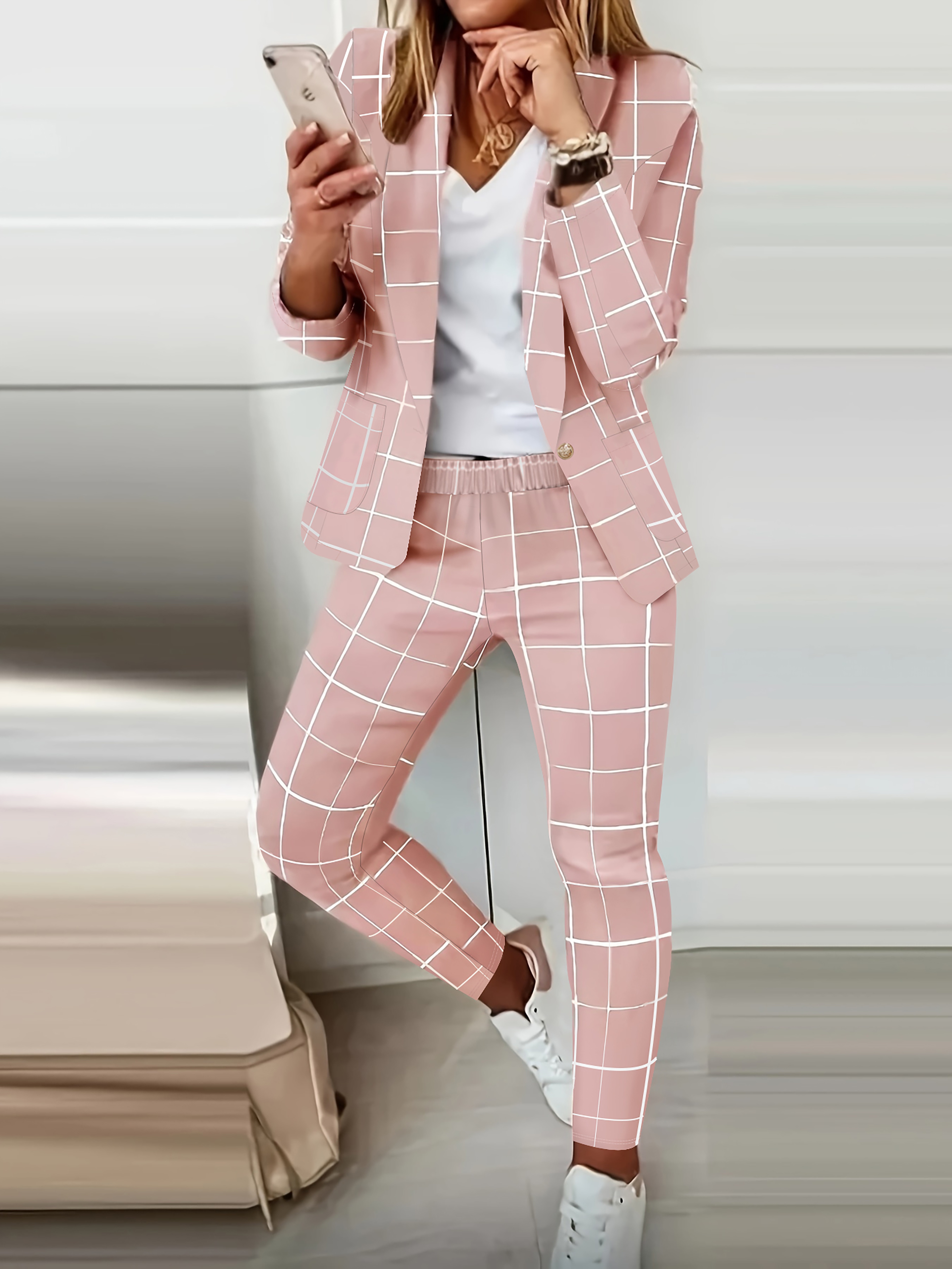 Women Blazer Set 2 Piece Outfits,Plaid Print Long Sleeve Blazer with  Drawstring Pants Solid Business Casual Suit Set