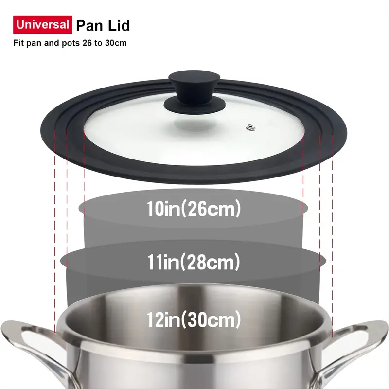 1pc universal lid for pots pans and skillets tempered glass with heat resistant silicone rim fits 10 11 and 12 diameter cookware details 2
