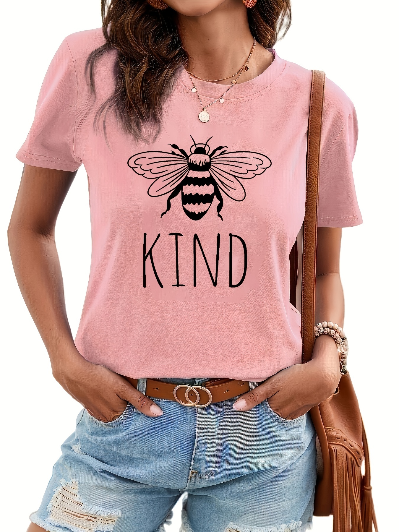Camiseta con cuello redondo y estampado de abejas para mujer - Temu