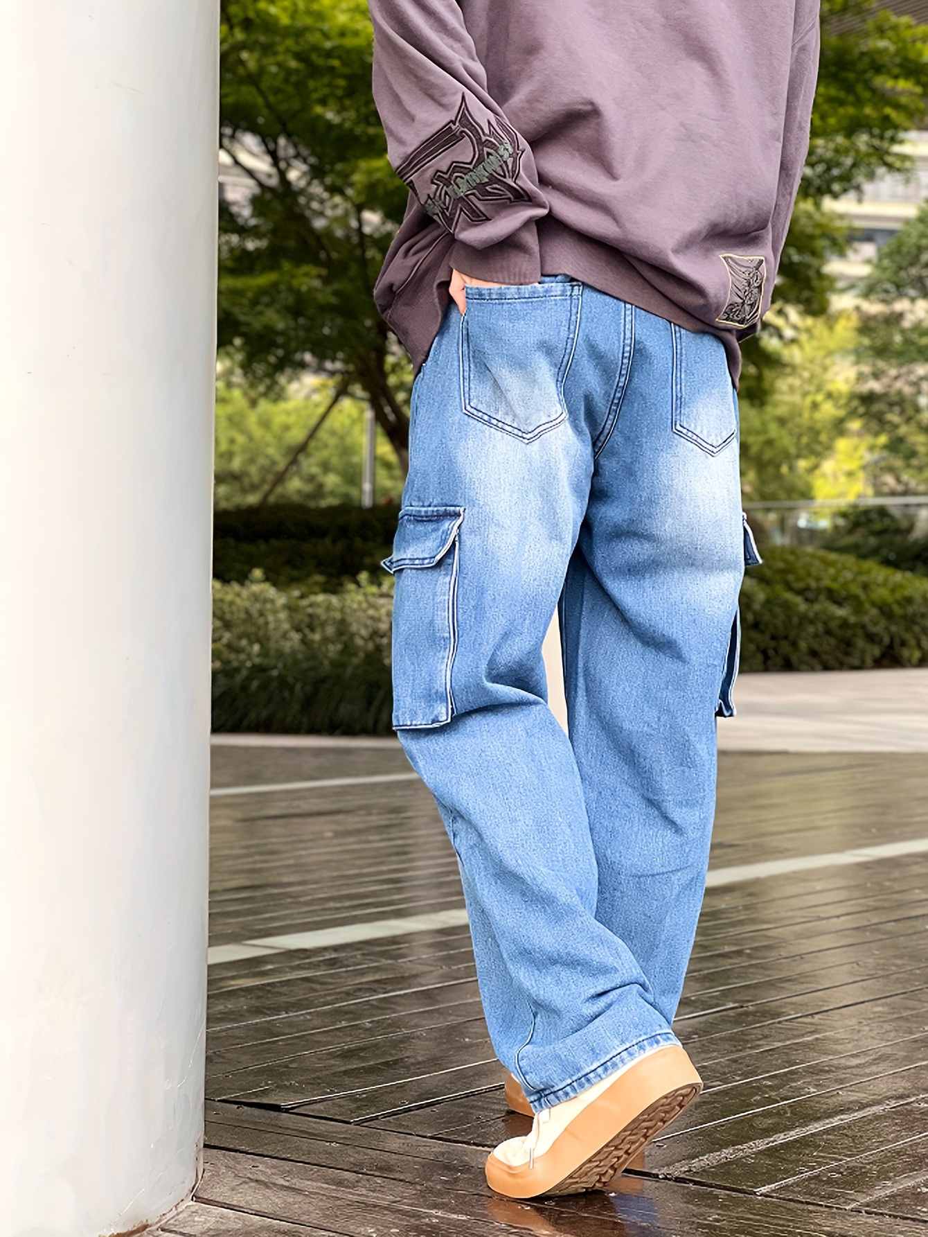 Loose Fit Multi Pocket Jeans Men's Casual Street Style Denim - Temu