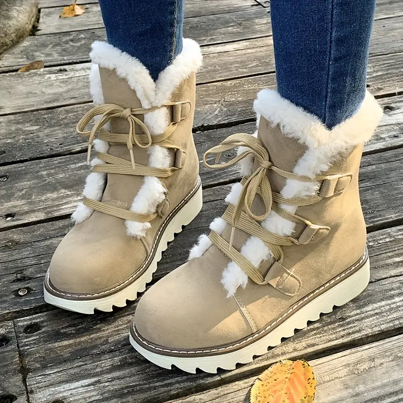 Women's Plush Lined Snow Boots Solid Color Lace Outdoor Anti