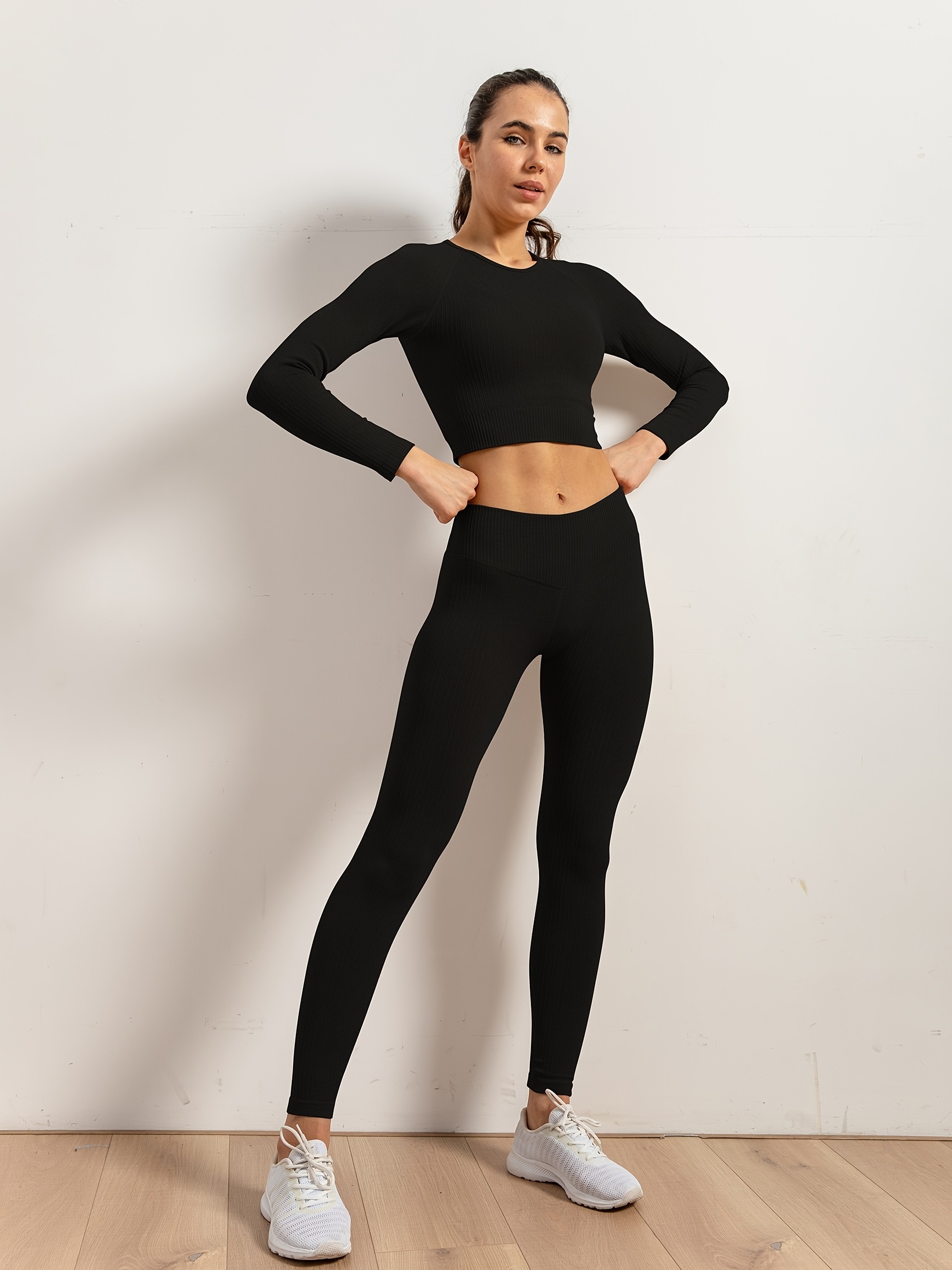 Women 2 Piece Sets Seamless Workout Fitness Long sleeve Top Leggings Yoga  Suits Unbranded (Black, Small) 