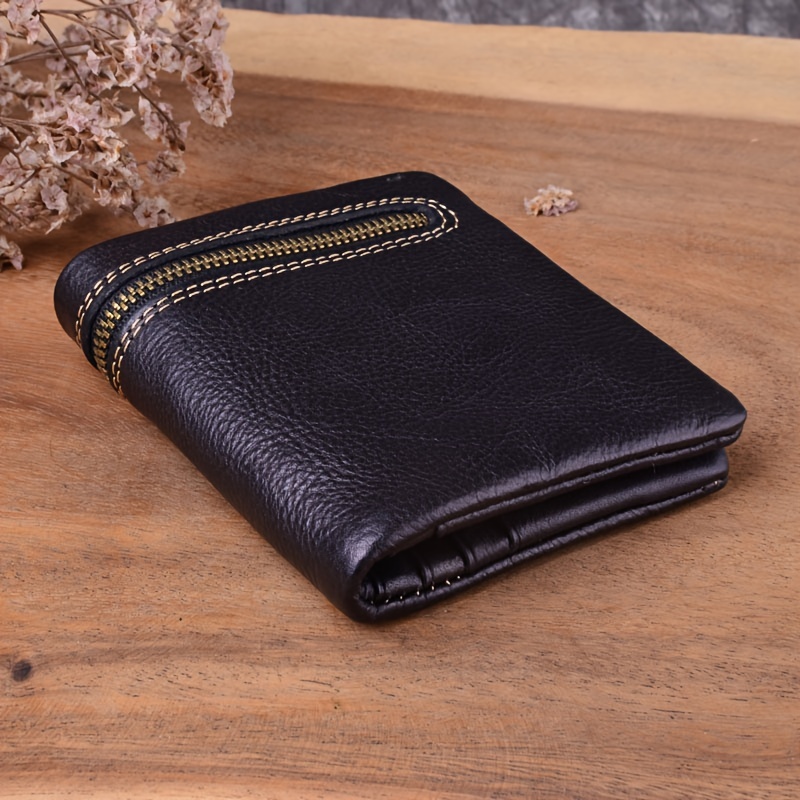 Wallet Men's Short Genuine Leather Zipper Ultra-thin Manual Real