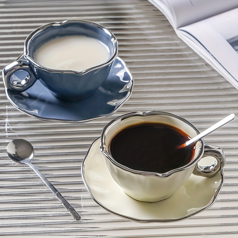 Highly Aesthetic Coffee Cup, High-end And Exquisite, Designed For English  Afternoon Tea, With Vintage Ceramic Cup And Saucer. Silver Trim With Trendy  Colors, Includes Cup, Saucer, And Spoon In The Coffee Set.