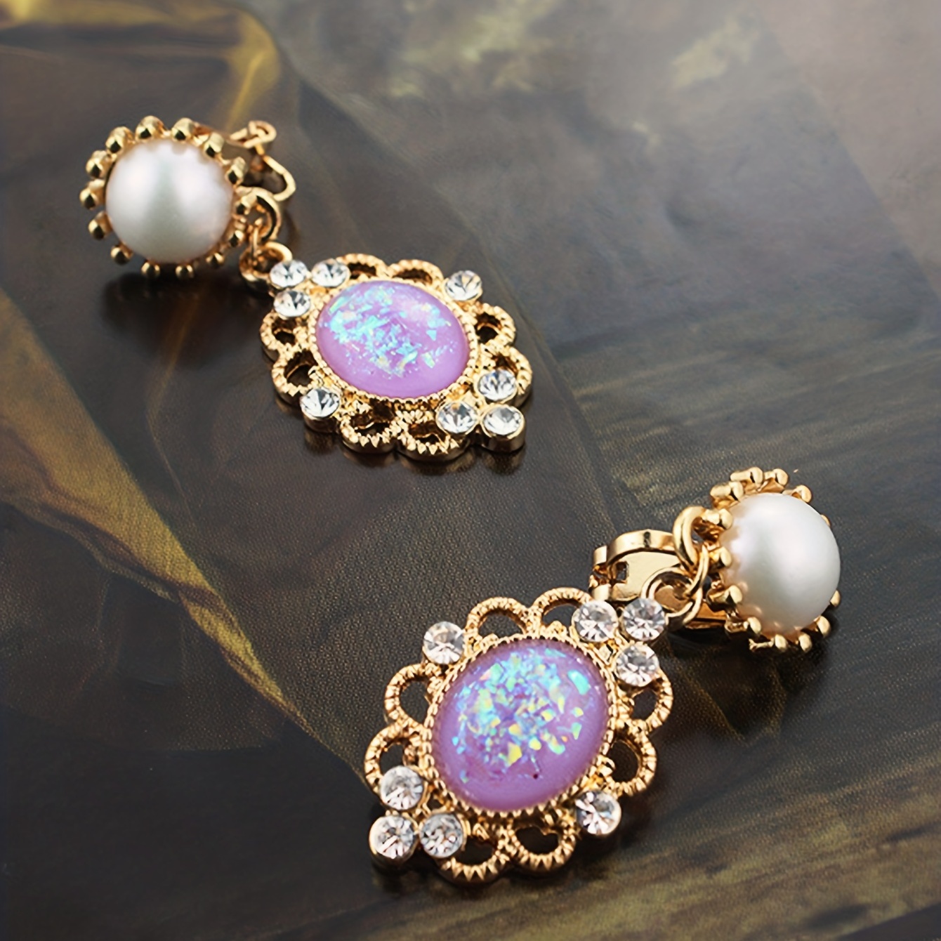 

1 Pair, Vintage Elegance Opalescent Purple Hollowed-out Clip-on Earrings With Faux Pearl And Rhinestone Accents