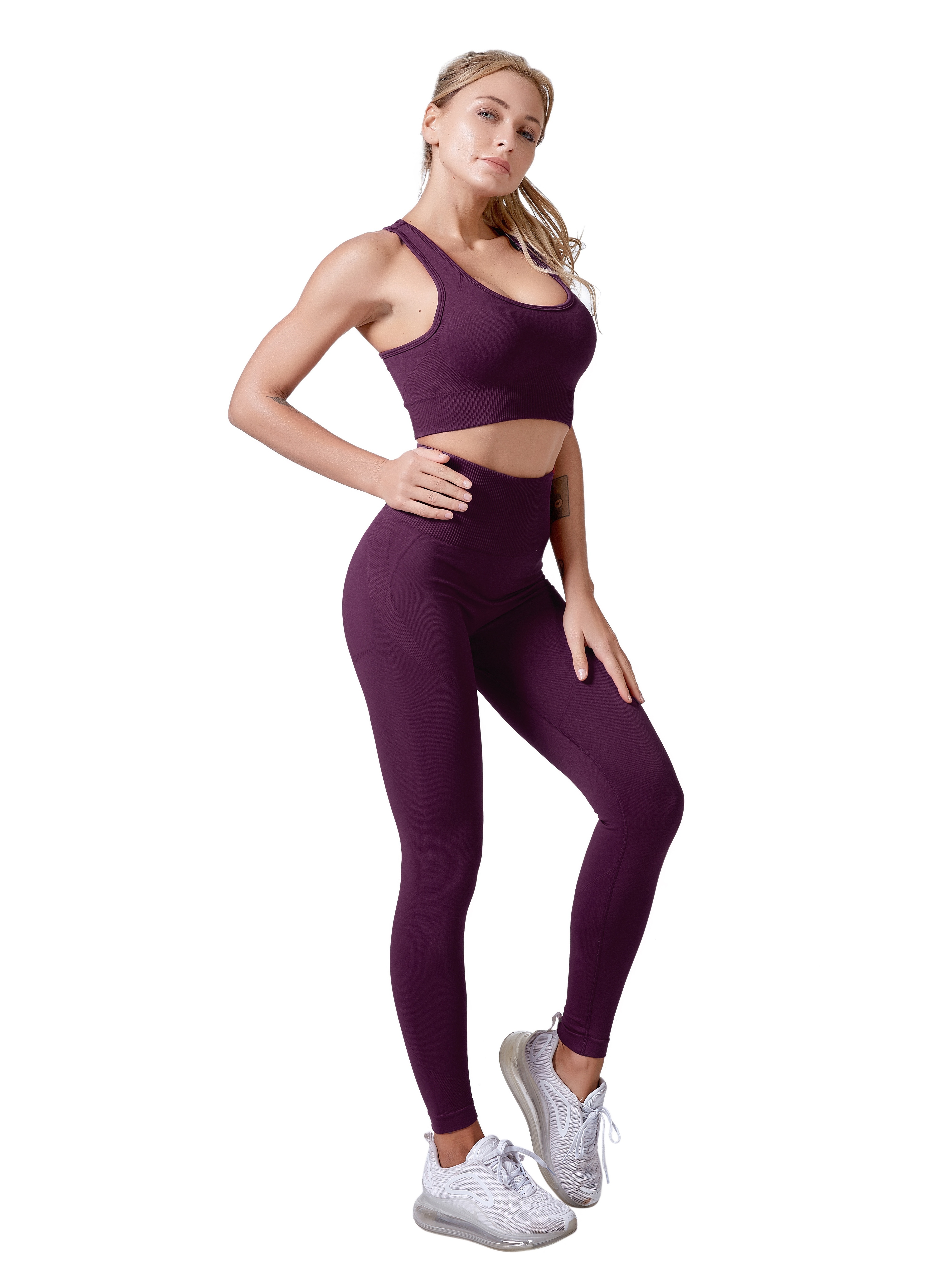 Yoga Basic 2pcs Seamless Fitness Yoga Suit Gym Outfits Set Short Sleeve Top  Wide Waistband Tights