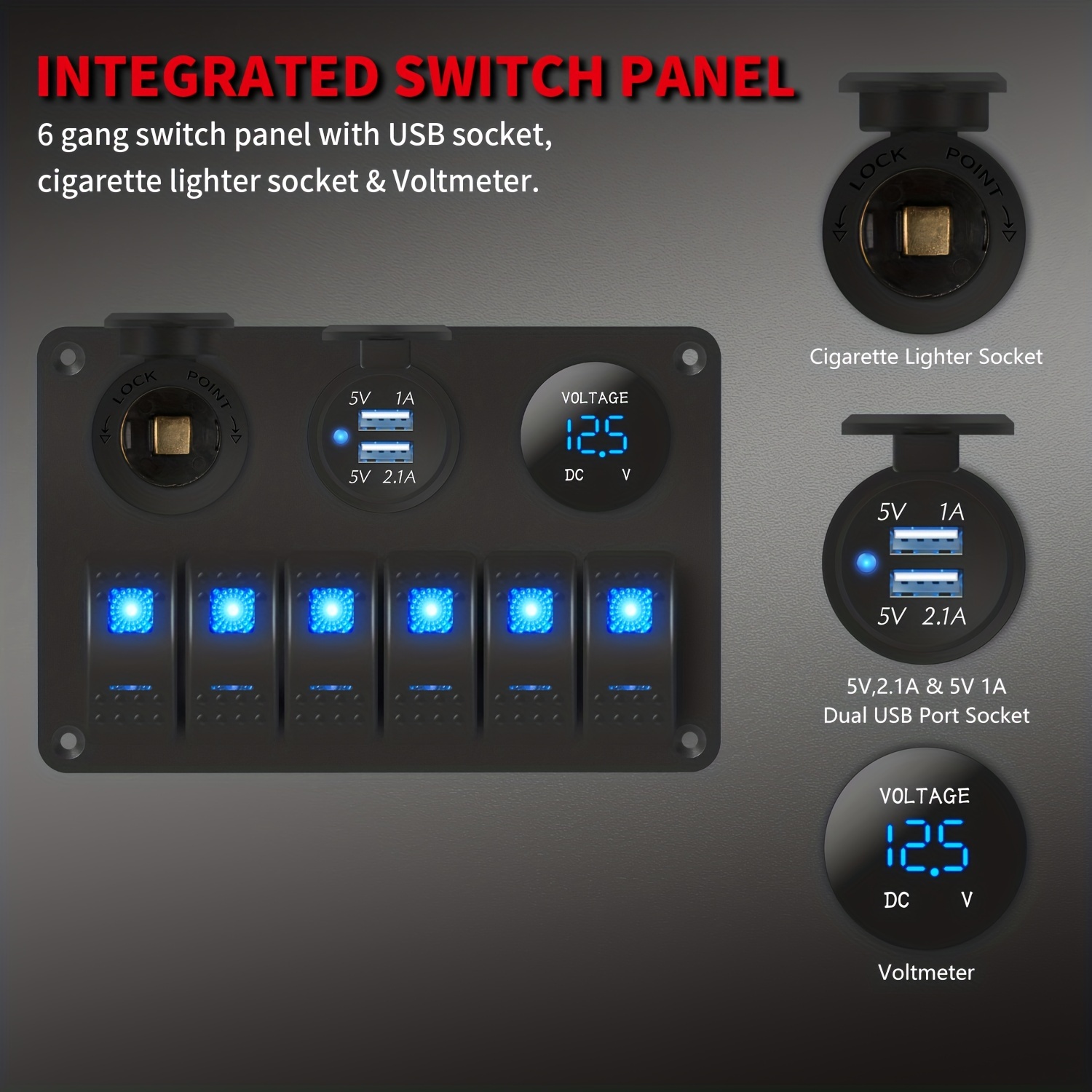 4 Gang Blue Panel Switch LED Voltmeter 12V for Car Marine Cigarette Lighter  Plug