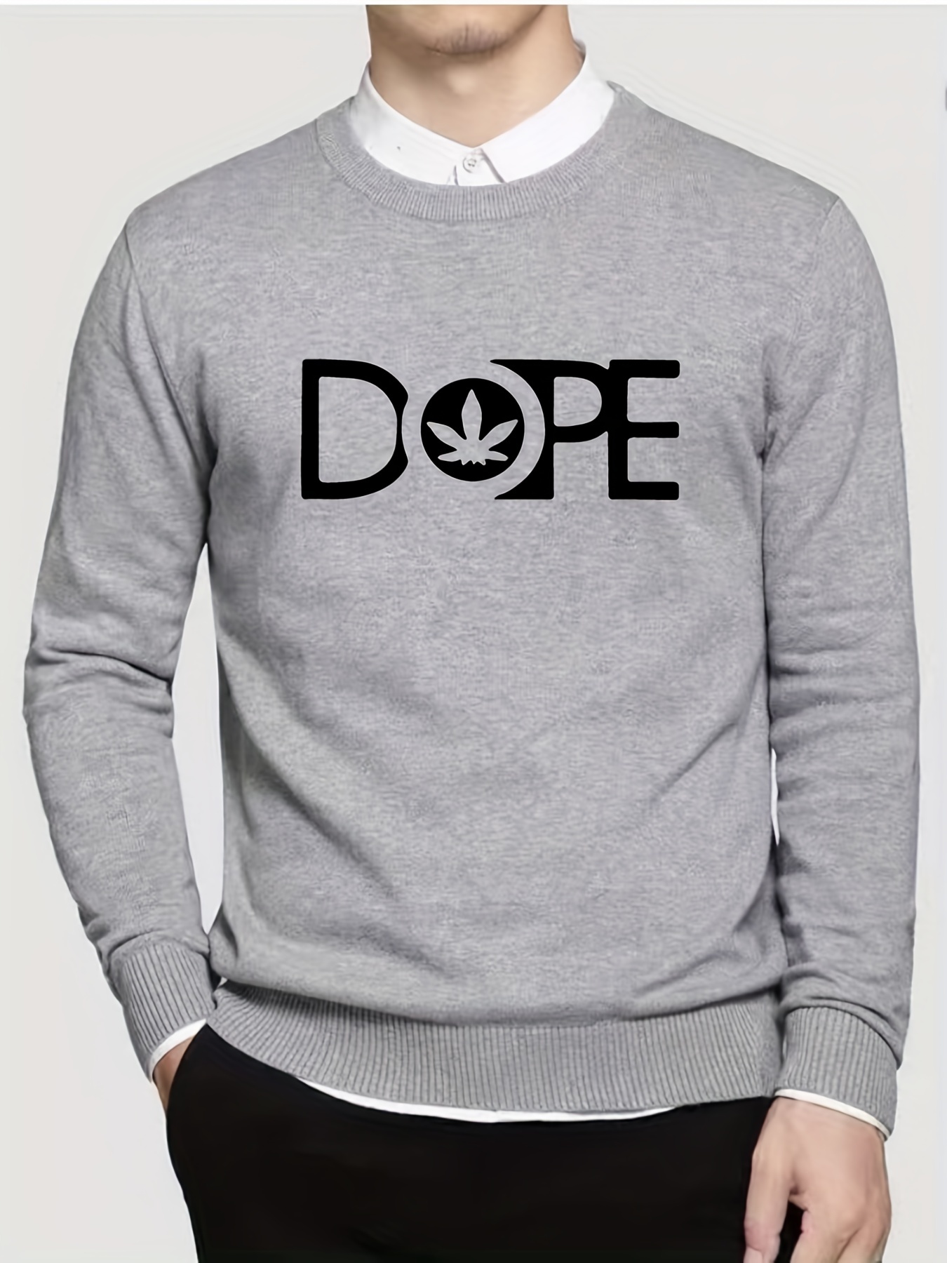 Men's Leaf & Letter Print Knitted Sweater Stretch Long Sleeve Top