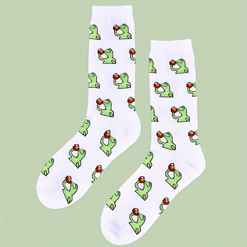 

1 Pair Of Men's Novelty Cartoon Frog Pattern Crew Socks, Breathable Cotton Blend Comfy Casual Unisex Socks For Men's Outdoor Wearing All Seasons Wearing
